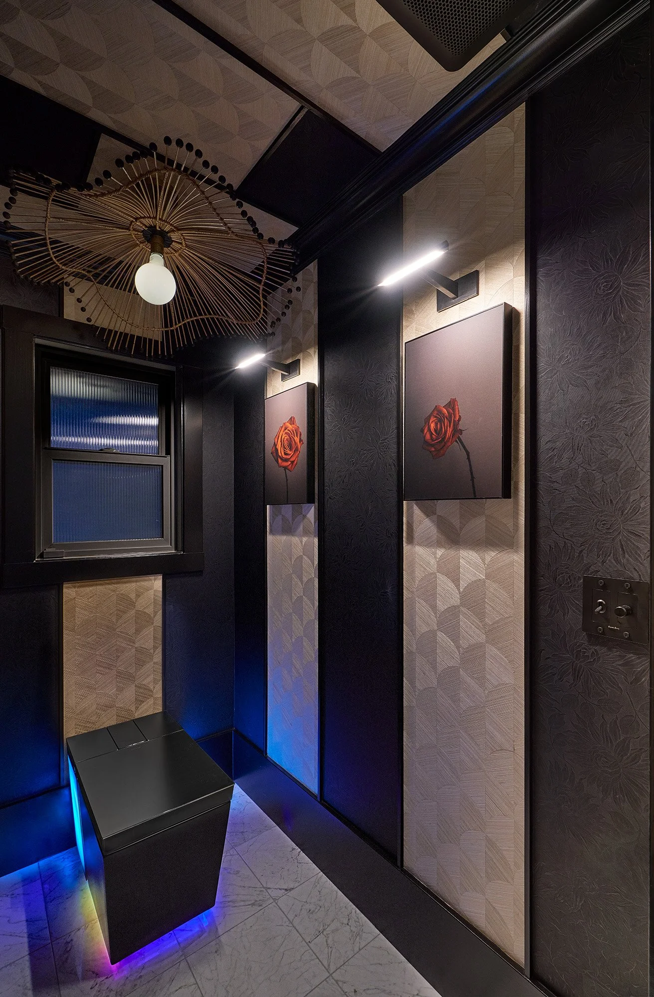 Toilet room, Kohler Numi 2.0 smart toilet, wallpaper, millwork, chandelier, art lights
