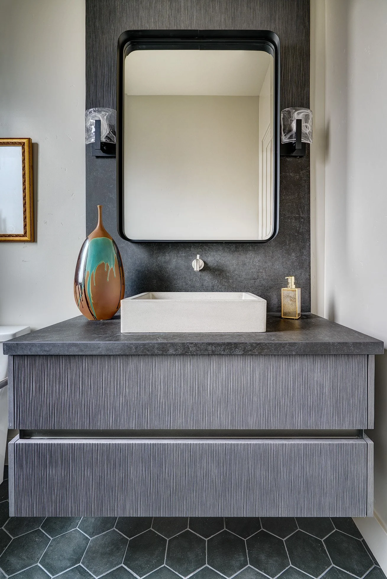 Modern new construction home, European laminate cabinetry, guest bath with channel hardware cabinets