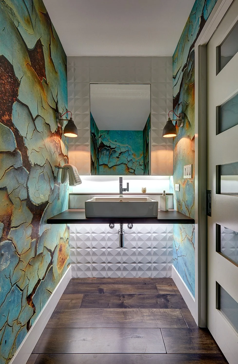 Modern powder bath remodel, floating vessel sink, peeling paint wallpaper, tile splash