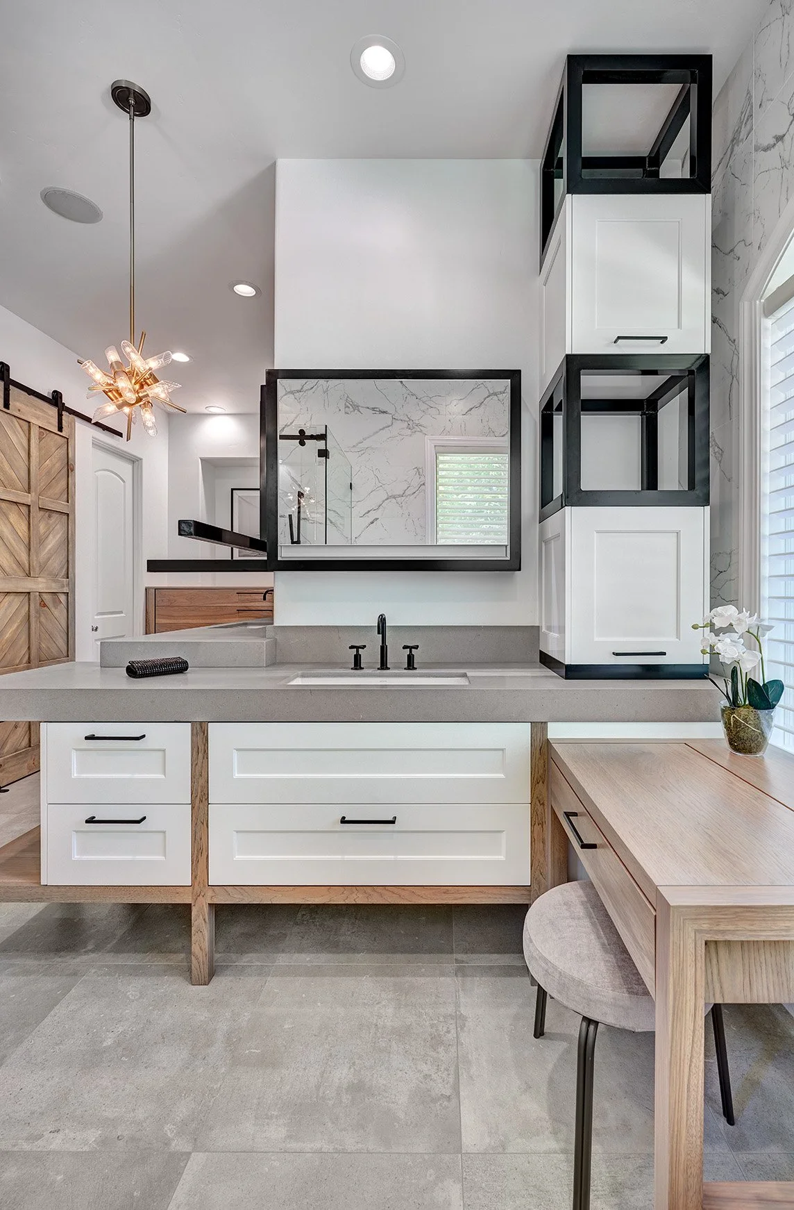 Primary bath remodel, double vanities, open wood cabinet legwork vanity end cap, makeup station, Robern medicine cabinets