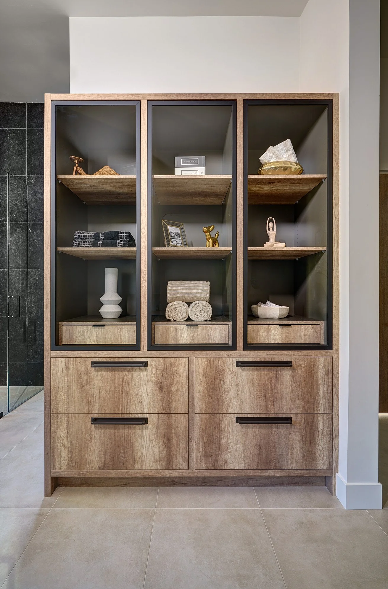 Modern new construction home, European cabinetry, luxury primary bathroom, glass cabinets