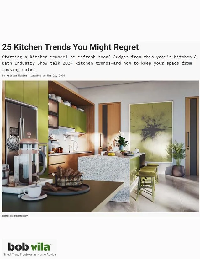 Cover page of an article titled '25 Kitchen Trends You Might Regret', featuring a modern kitchen with green and wooden cabinets, a kitchen island, and decorative plants.