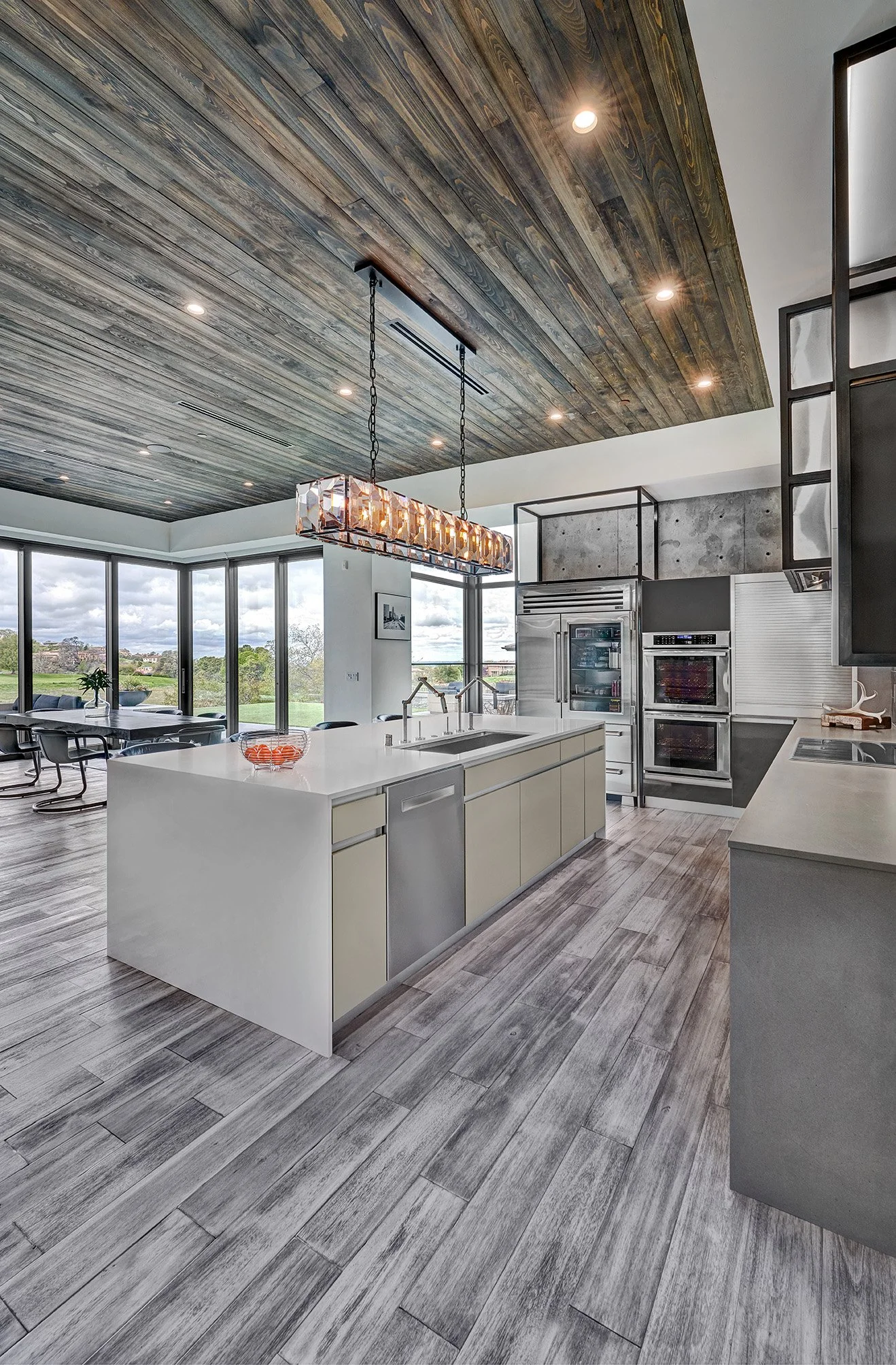 Luxury new construction home, glamorous kitchen, wine cellar, metal frame cabinets, professional appliances