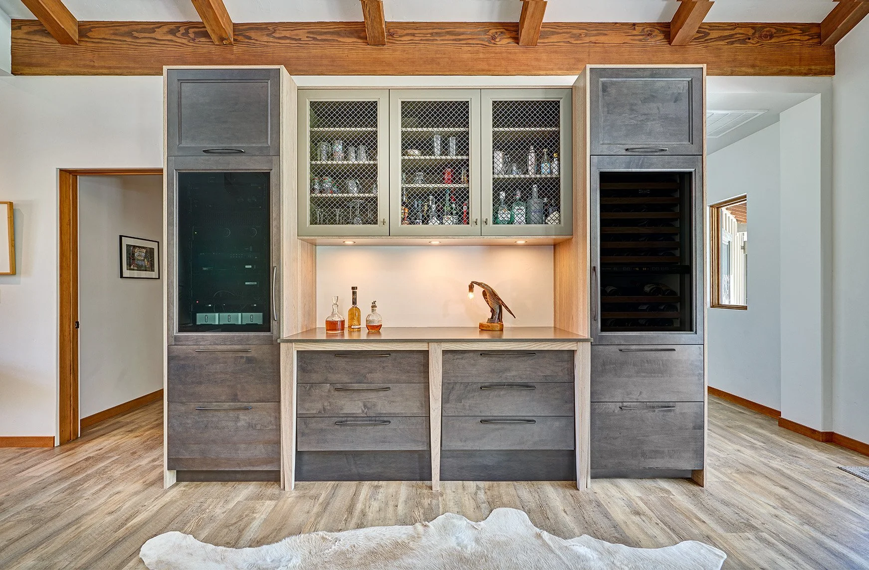 Vaulted ceiling kitchen remodel, beams, panel ready wine refrigerators, cabinetry