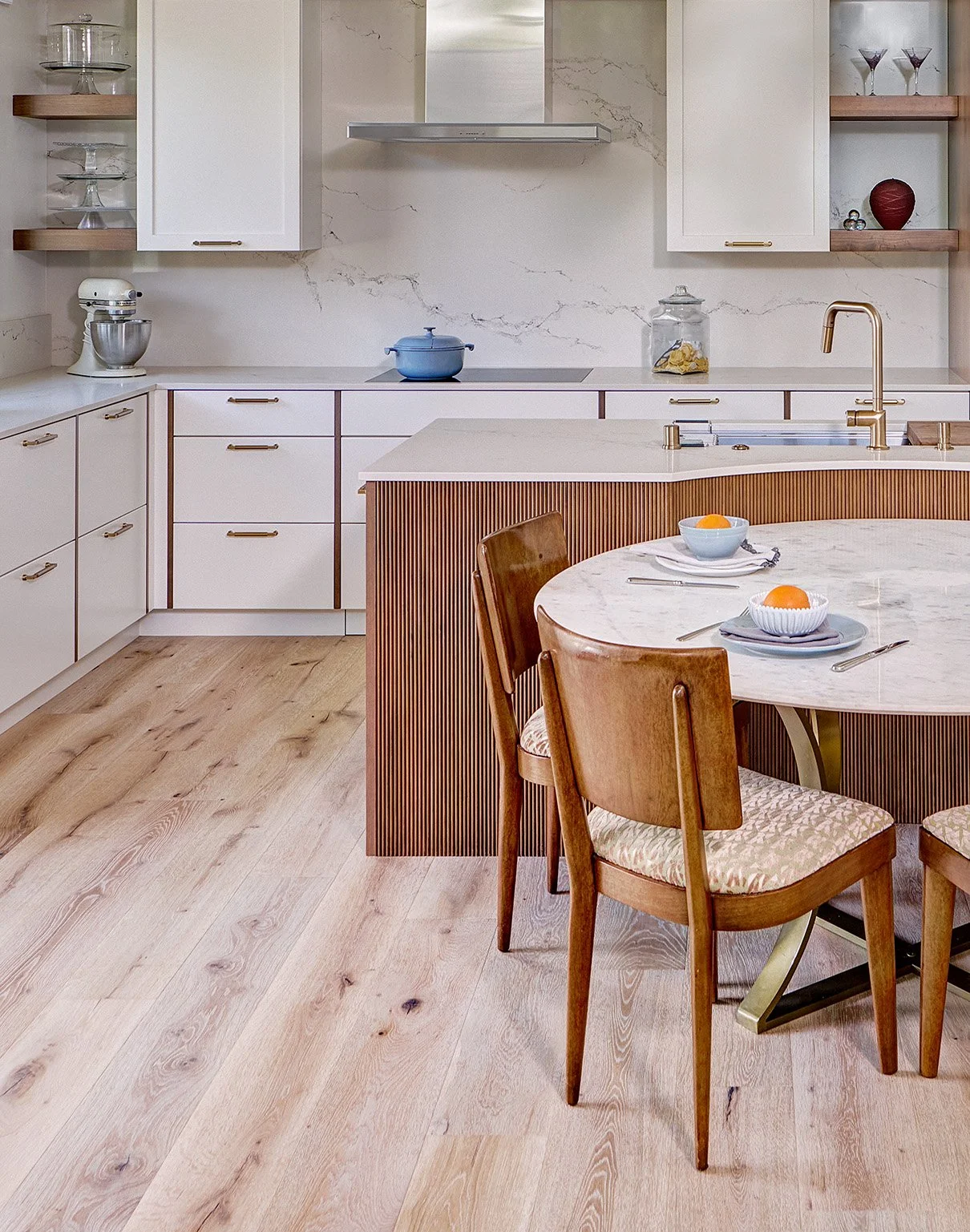 New construction ADU home, white + wood kitchen, curved ribbed island, appliance garage