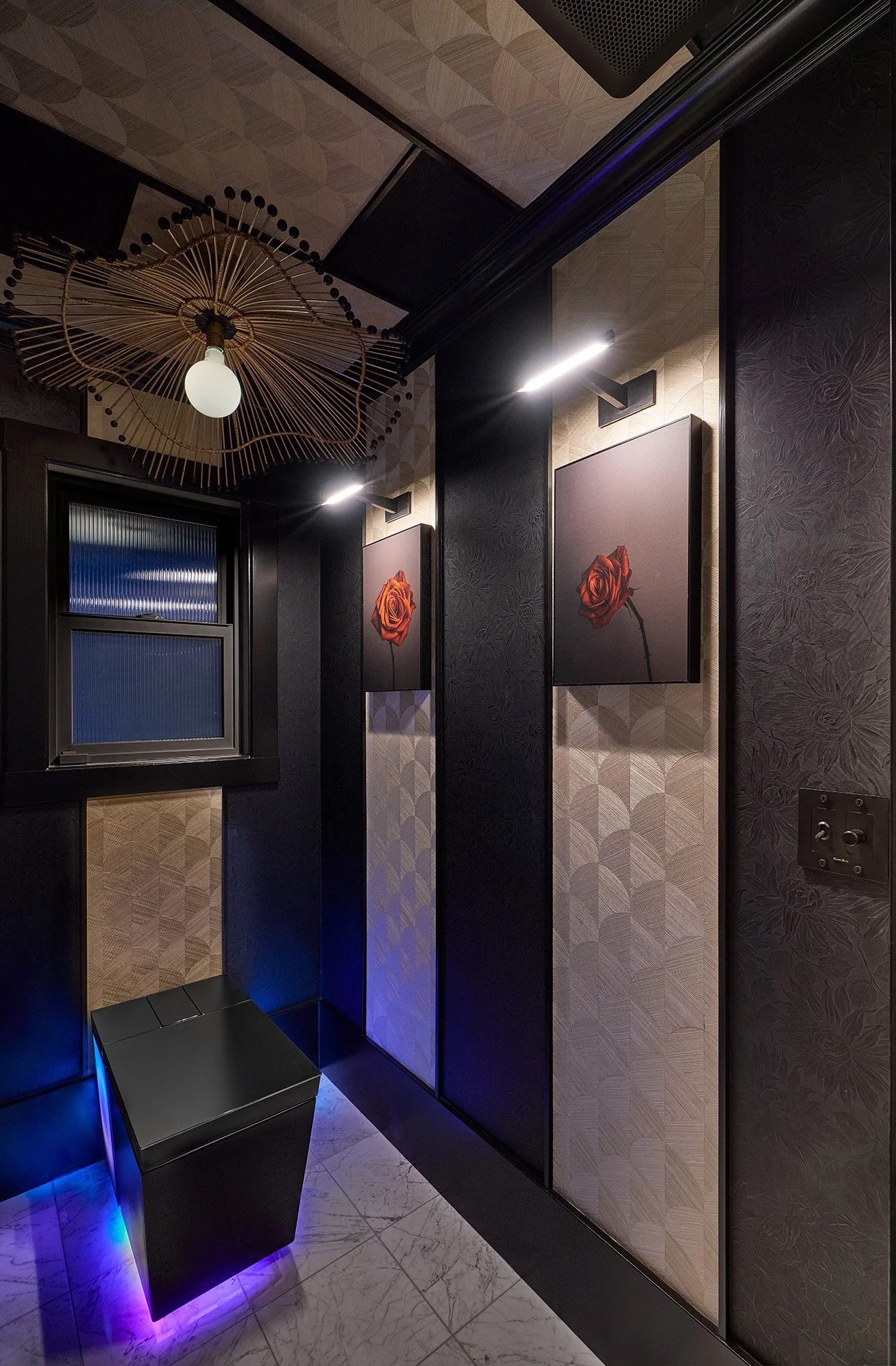 Toilet room, Kohler Numi 2.0 smart toilet, wallpaper, millwork, chandelier, art lights