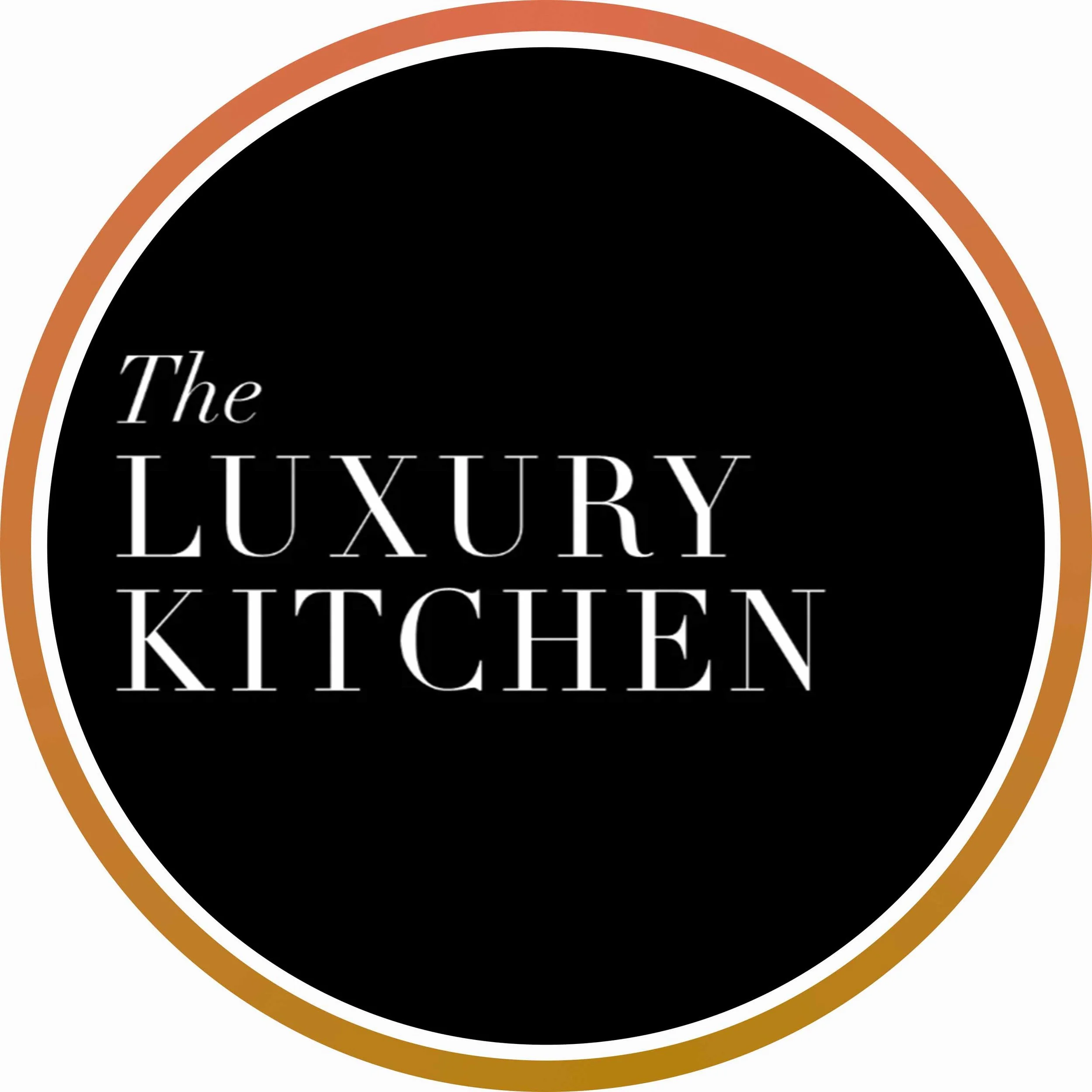 Logo for The Luxury Kitchen with black circle, white text, and gold and white outer rings.