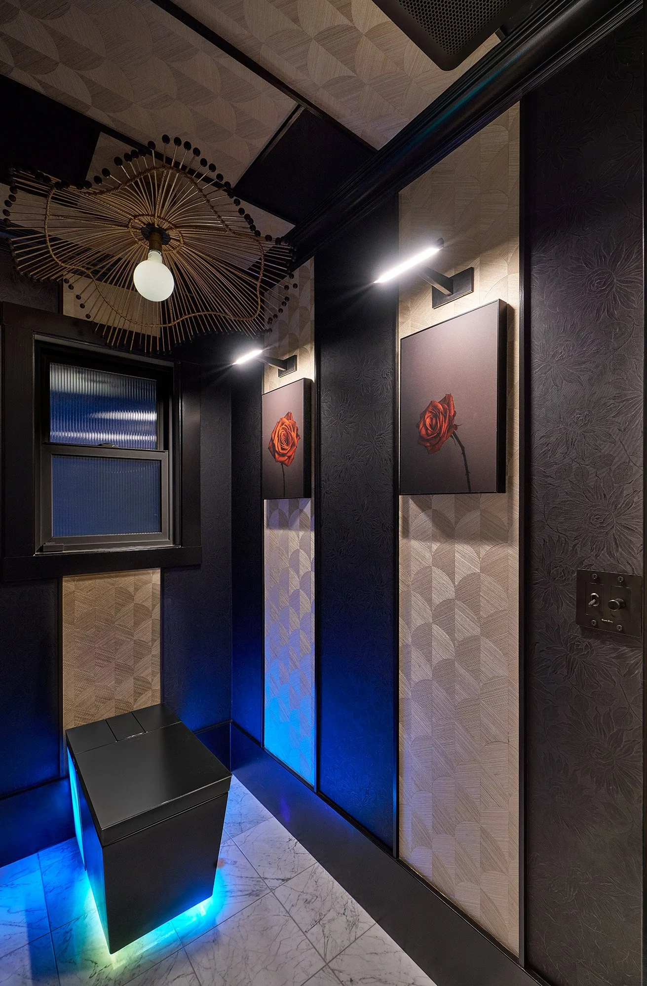 Toilet room, Kohler Numi 2.0 smart toilet, wallpaper, millwork, chandelier, art lights