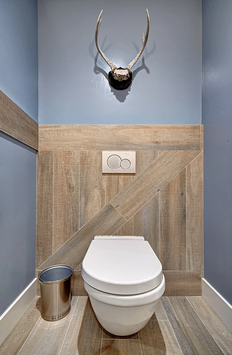 Whole home remodel, modern farmhouse, farmhouse industrial powder bath, wall hung toilet