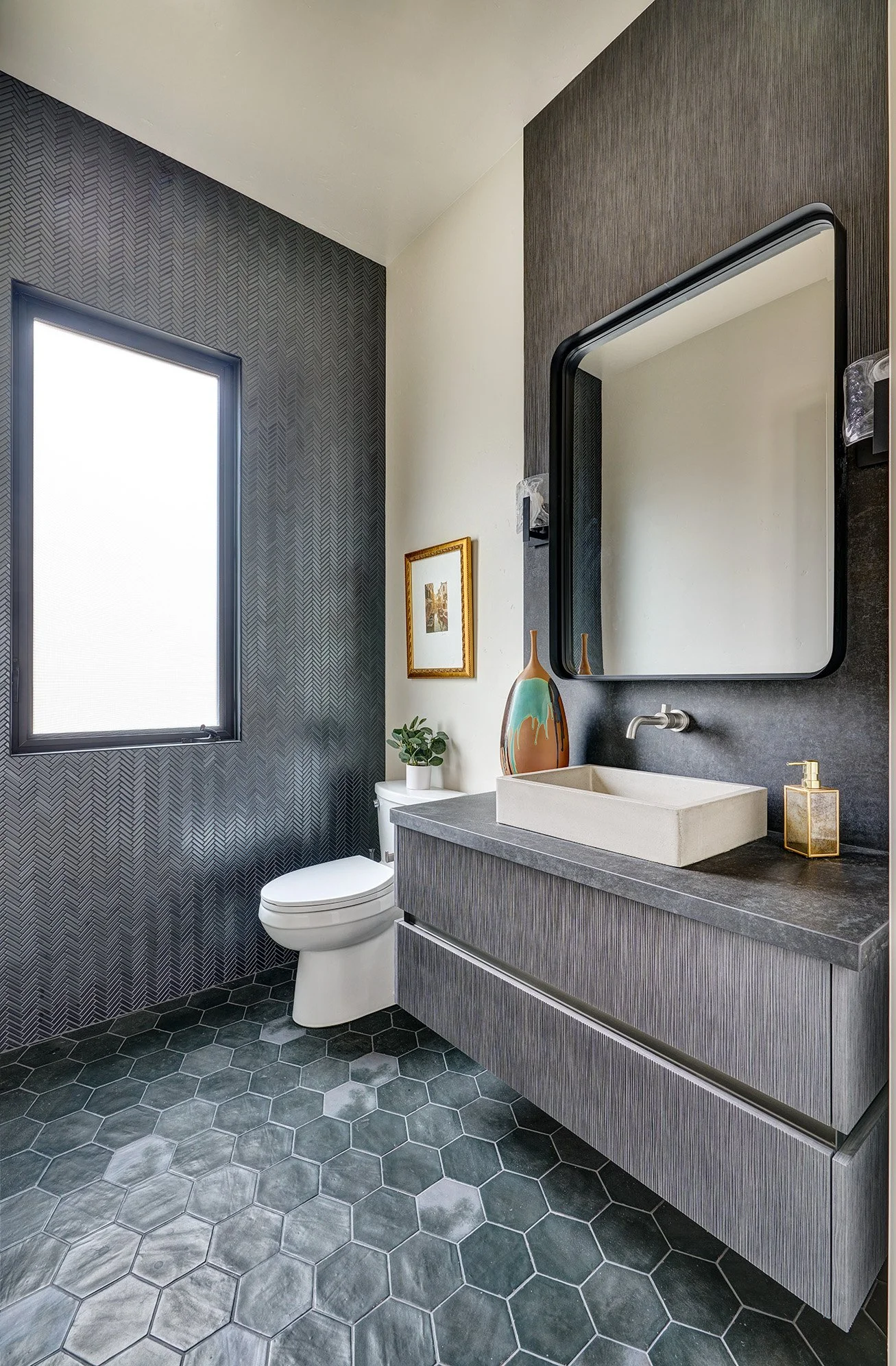 Modern new construction home, European laminate cabinetry, guest bath with channel hardware cabinets