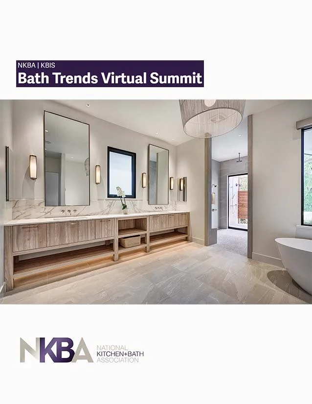 Modern bathroom with double vanity, large mirrors, wall sconces, a freestanding bathtub, and large windows, designed for a virtual summit presentation.