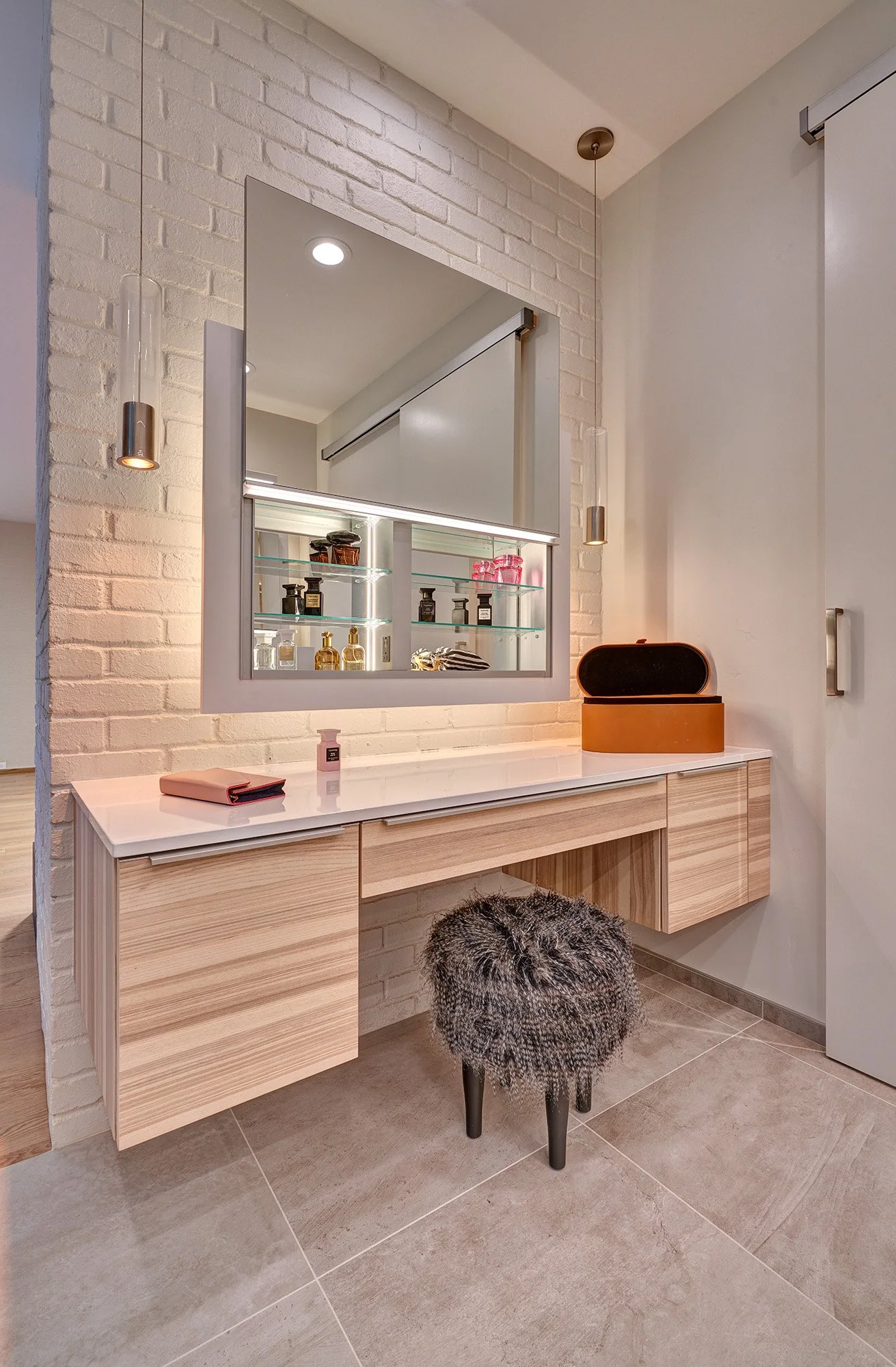 Modern whole home remodel, European cabinetry vanity, primary bath, makeup station, Robern medicine cabinets