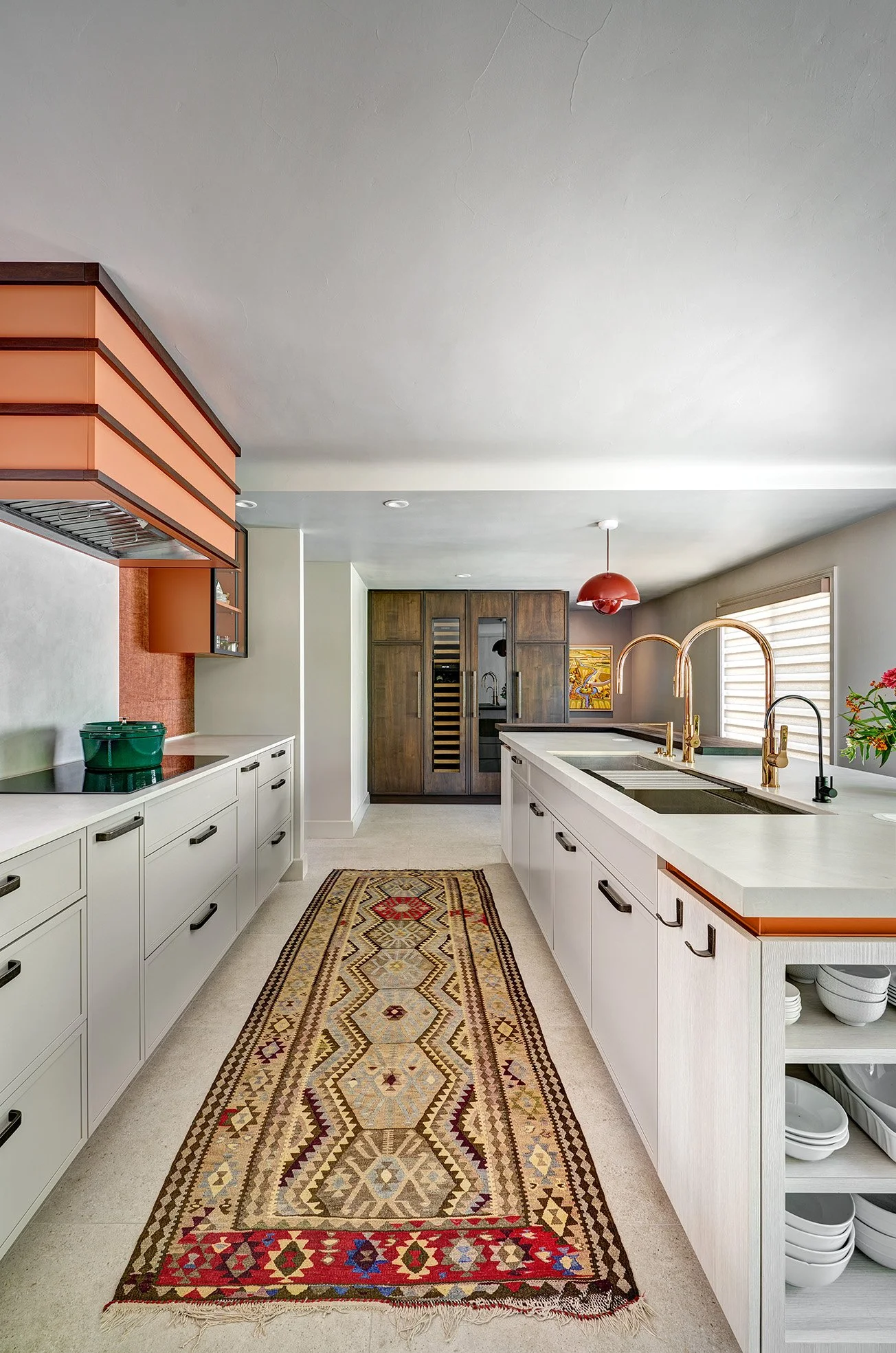 Kitchen remodel, warm desert tones, European cabinetry, slim shaker cabinet doors, stacked top island
