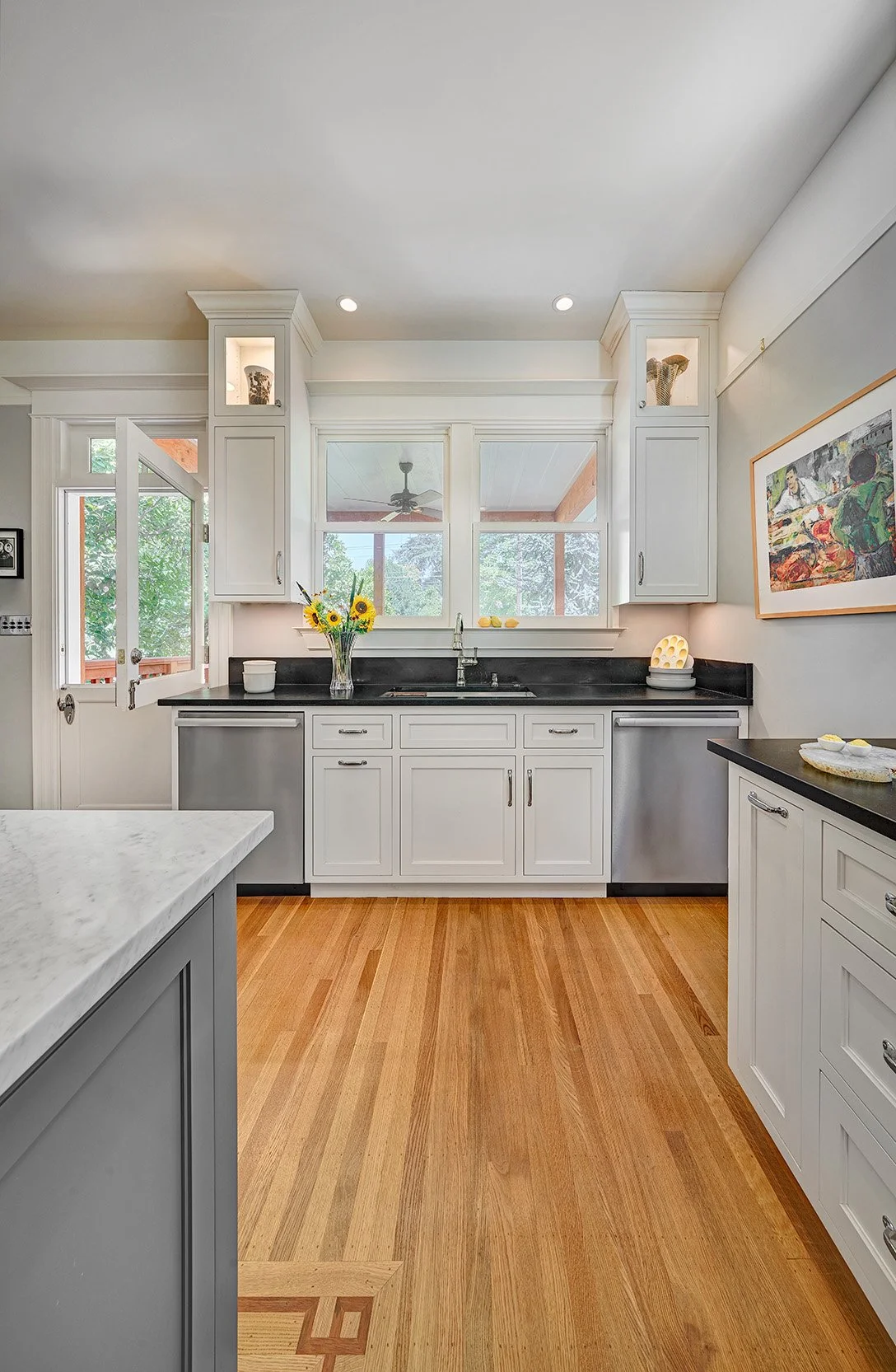Transitional, classic kitchen remodel, wood floor pattern, white + grey cabinetry, island