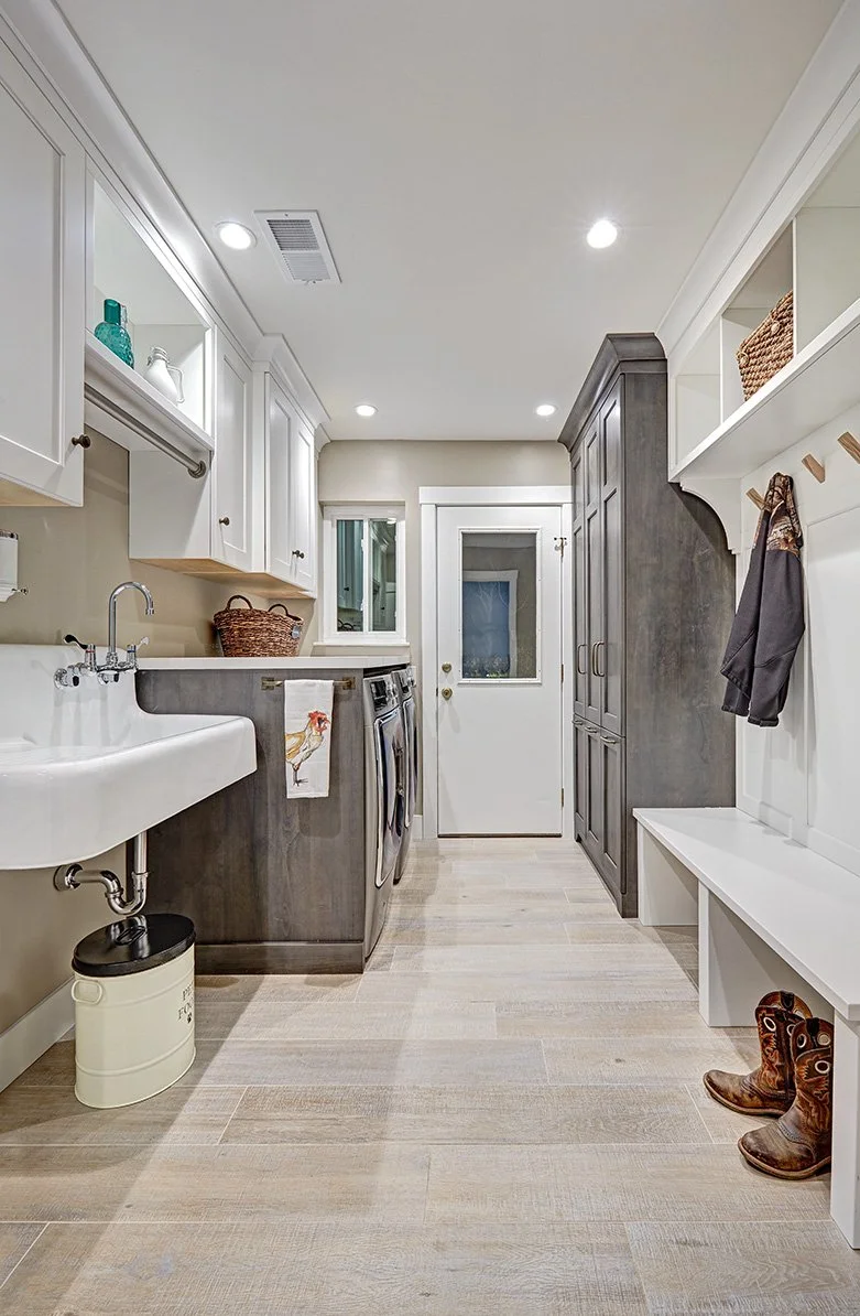 Whole home remodel, modern farmhouse, farmhouse industrial laundry room, cabinet bench