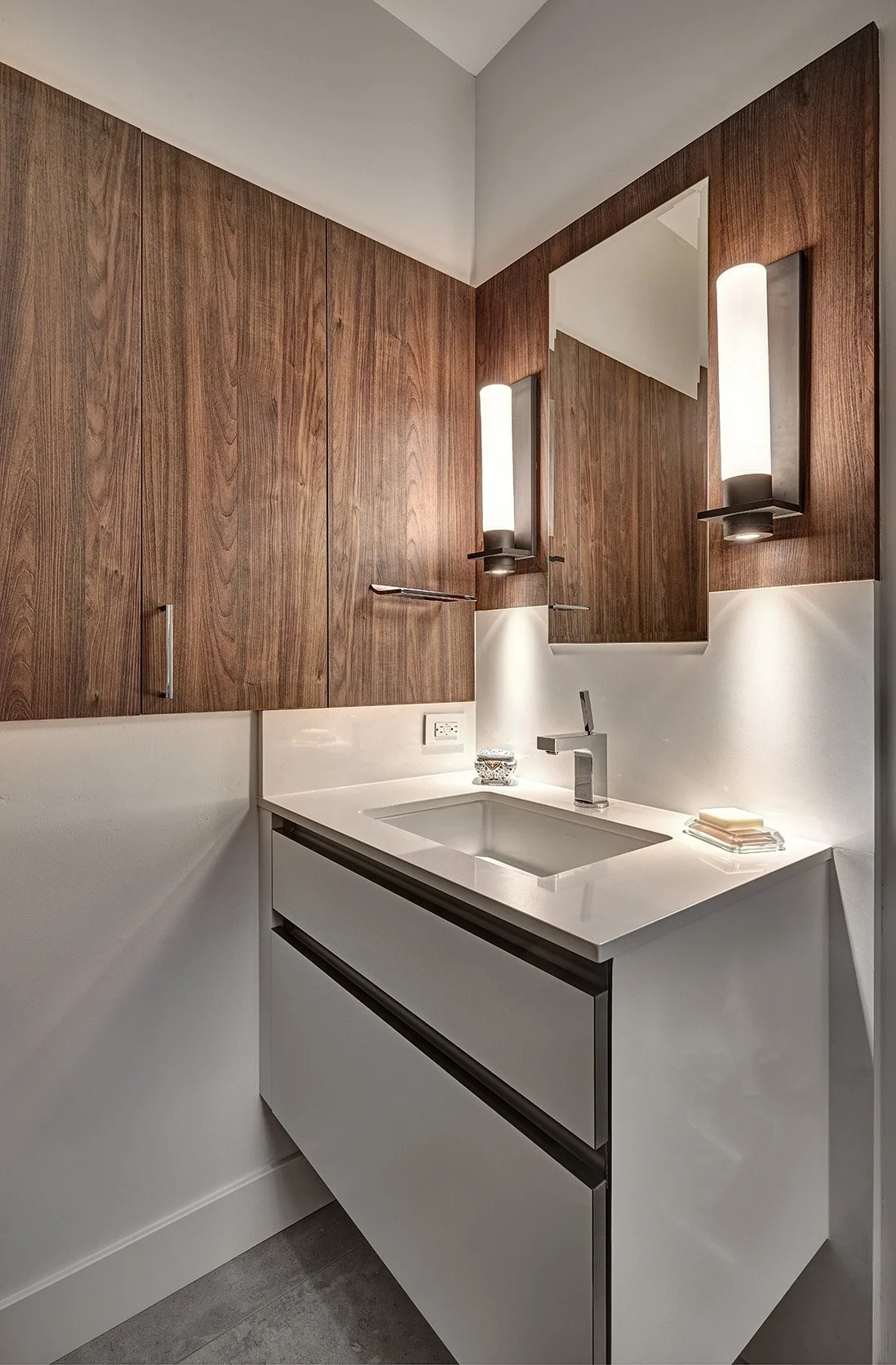 Modern whole home remodel, European channel cabinet vanity in bathroom, wood paneling