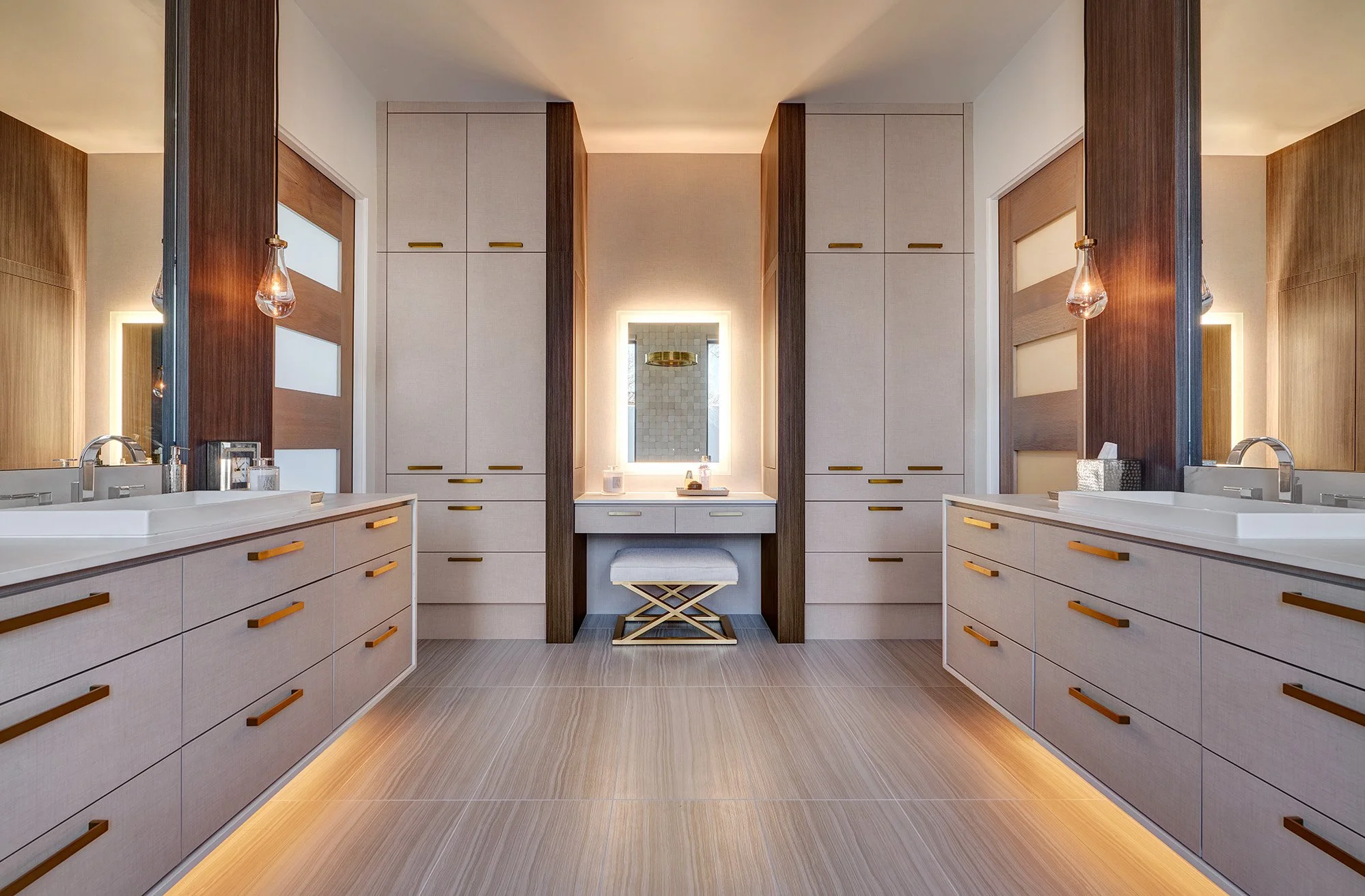 Modern new construction home, European cabinetry, floating vanities with underlighting, makeup station, primary bathroom