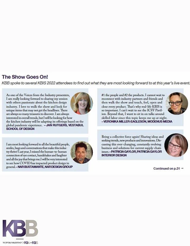 A newsletter page titled 'The Show Goes On!' with quotes from industry presenters about the KBIS 2022 event, featuring headshots of speakers Jan Rutgers, Nar Bustamante, Veronika Miller-Eagleson, and Patricia Gaylor.