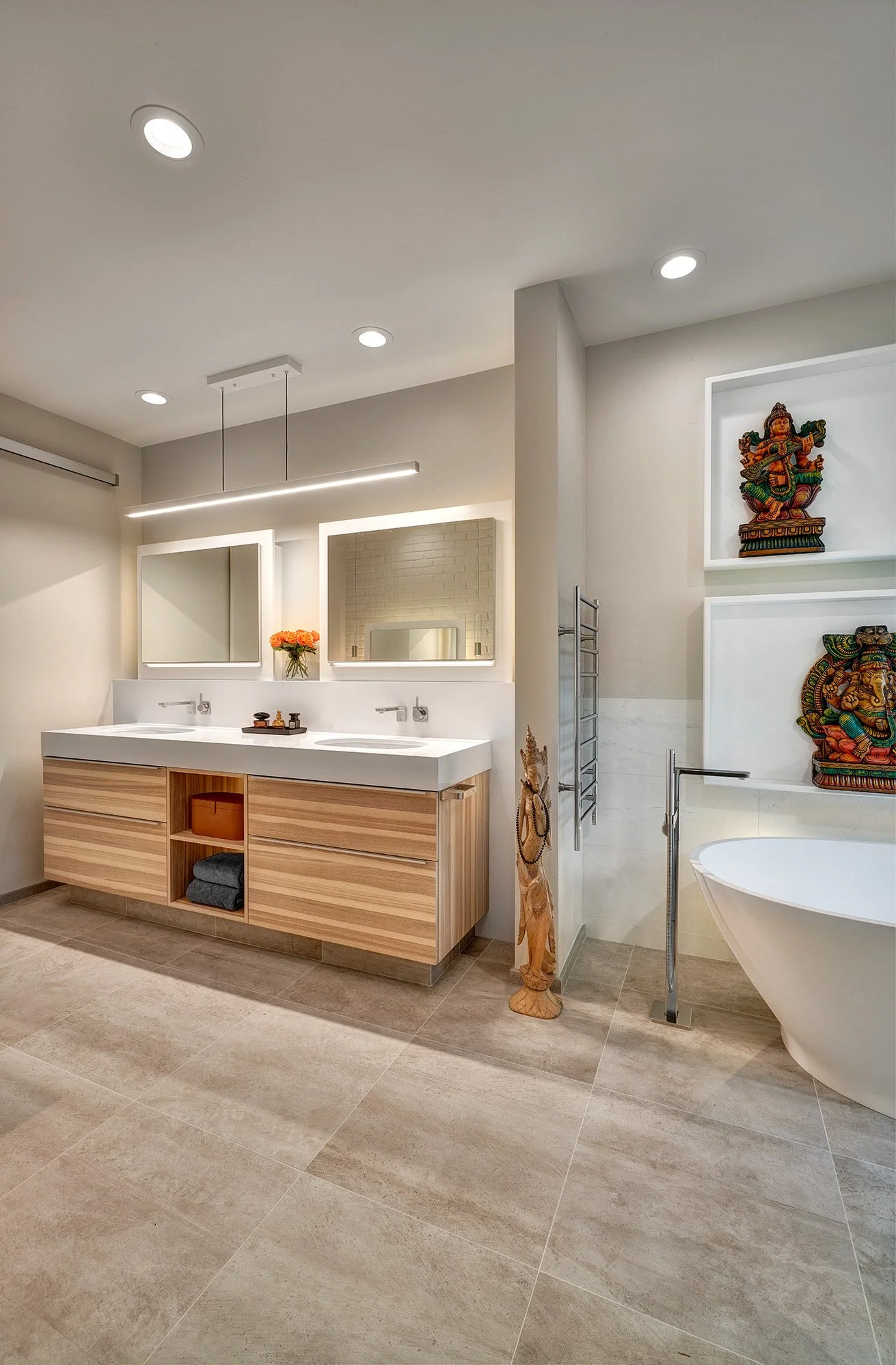 Modern whole home remodel, European cabinetry vanity, primary bath, freestanding tub, Robern medicine cabinets