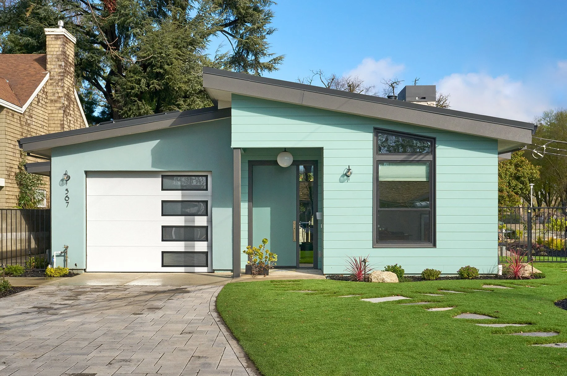 New construction ADU home, raked roof, exterior