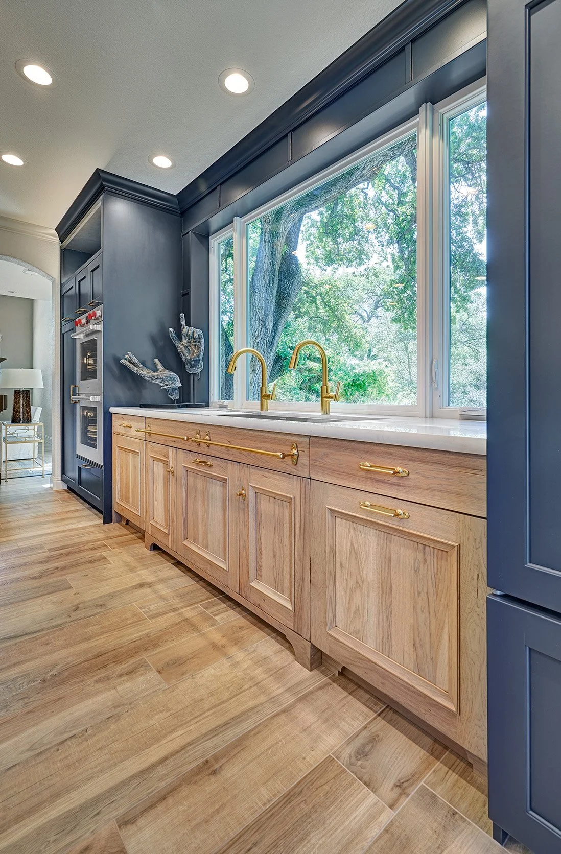 Modern Spanish colonial style kitchen remodel, blue, white + wood cabinetry, The Galley workstation