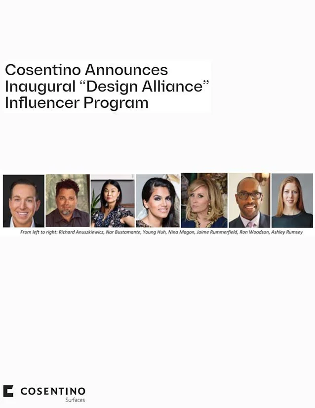 Announcement poster for the 'Design Alliance' Influencer Program by Cosentino, featuring headshots of eight diverse influencers from left to right, including Richard Anuszkiewicz, Nar Bustamante, Young Huh, Nina Magon, Jaime Rummerfield, Ron Woodson,