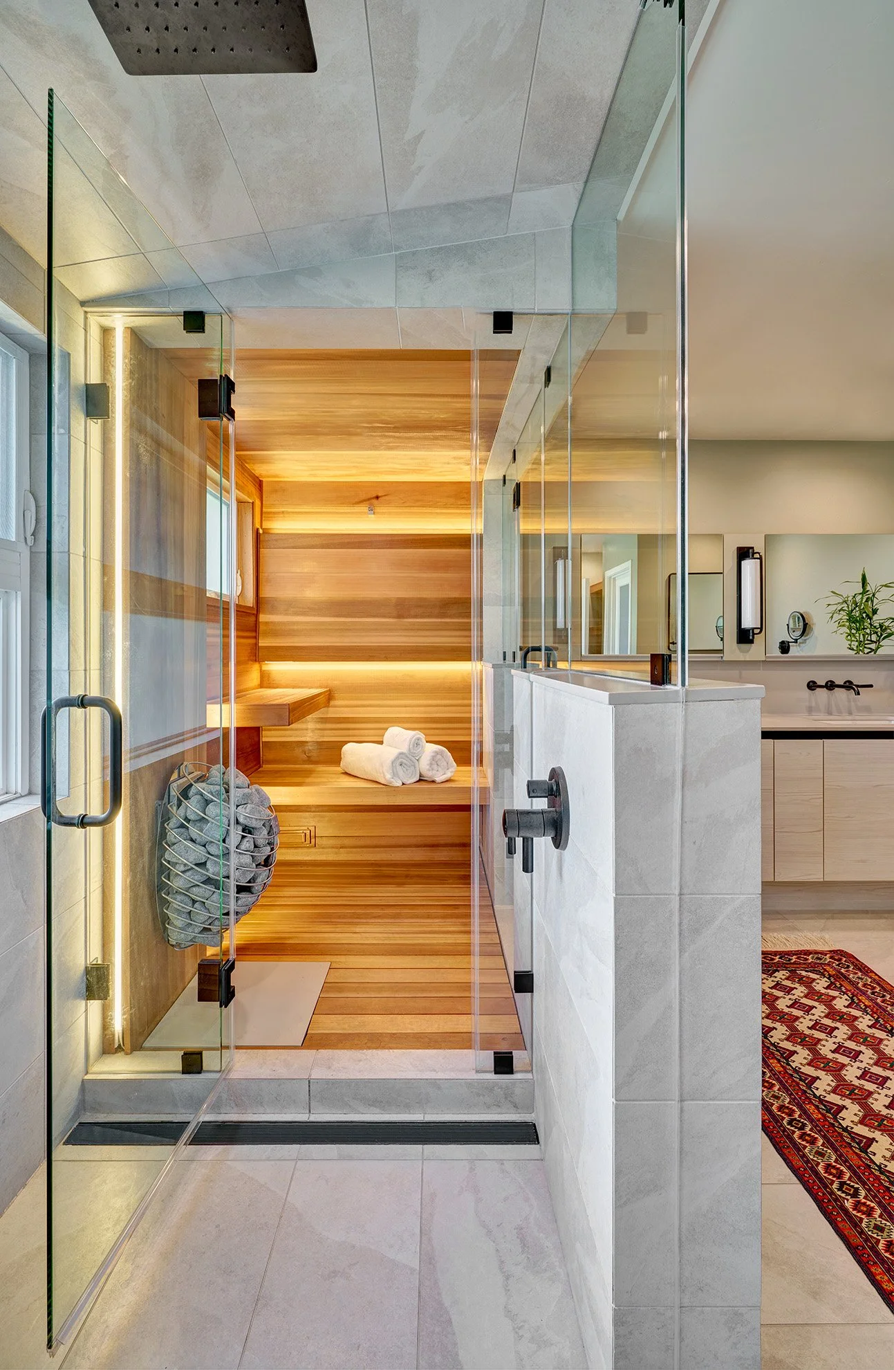 Contemporary primary bathroom remodel, custom sauna and steam shower, European channel laminate cabinetry