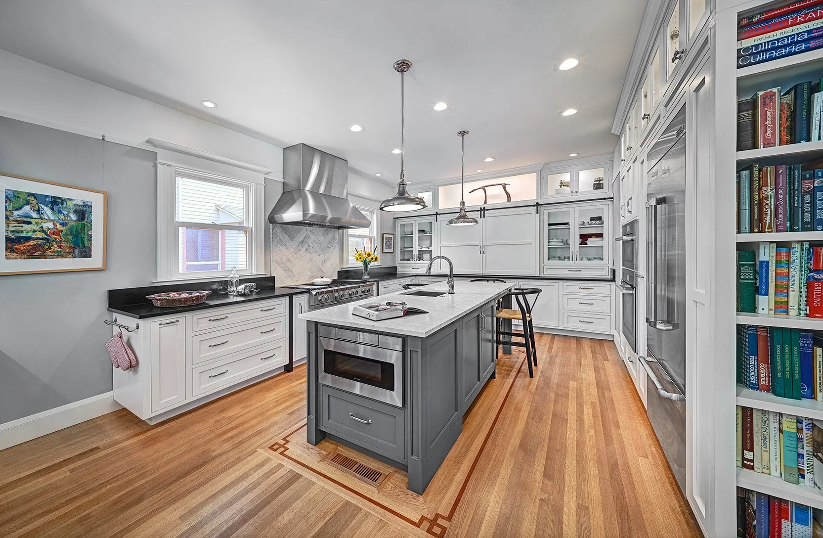 Transitional, classic kitchen remodel, wood floor pattern, white + grey cabinetry, island