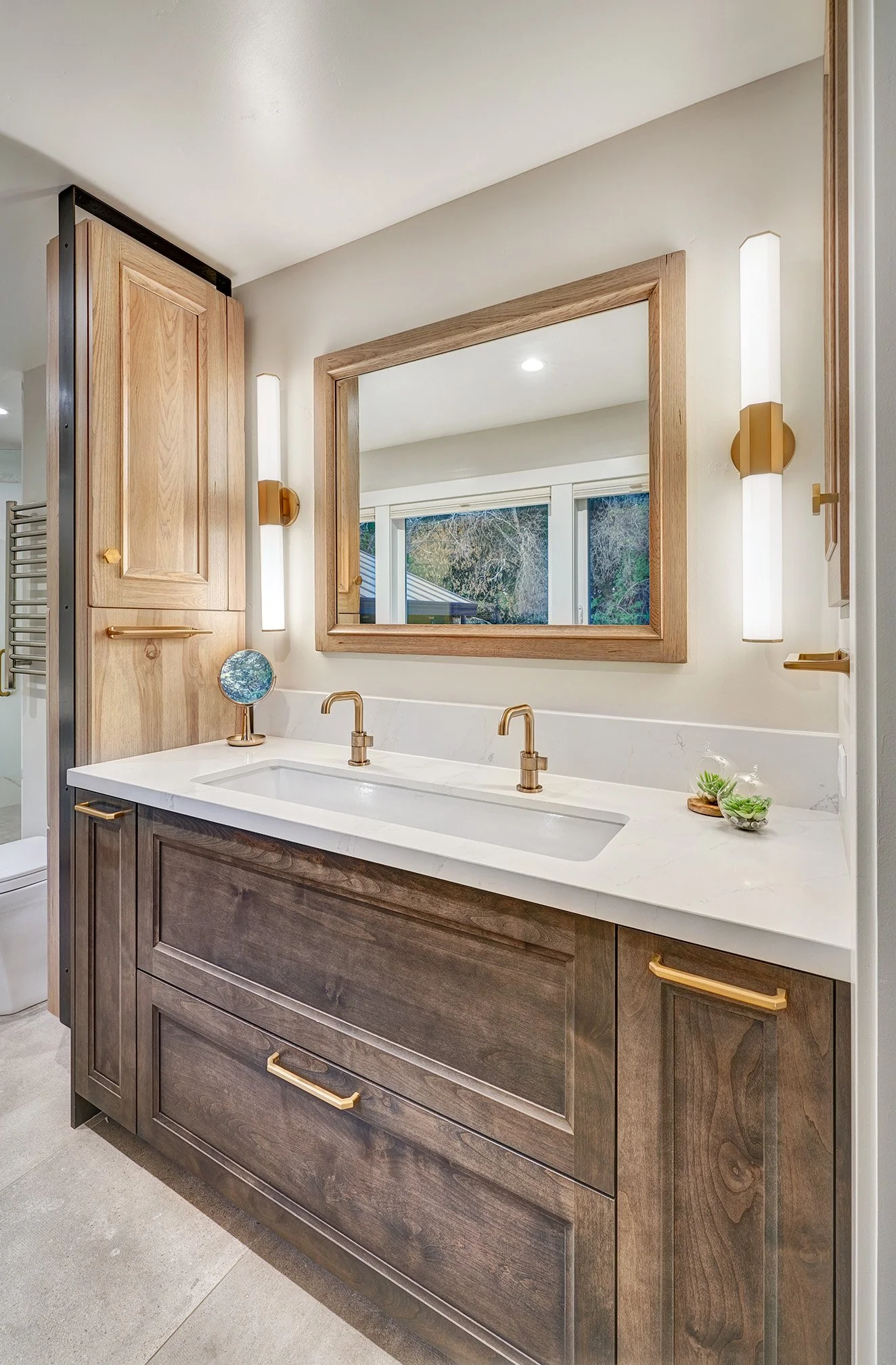 Whole home remodel, modern farmhouse, farmhouse industrial primary bathroom, wood + blue cabinetry