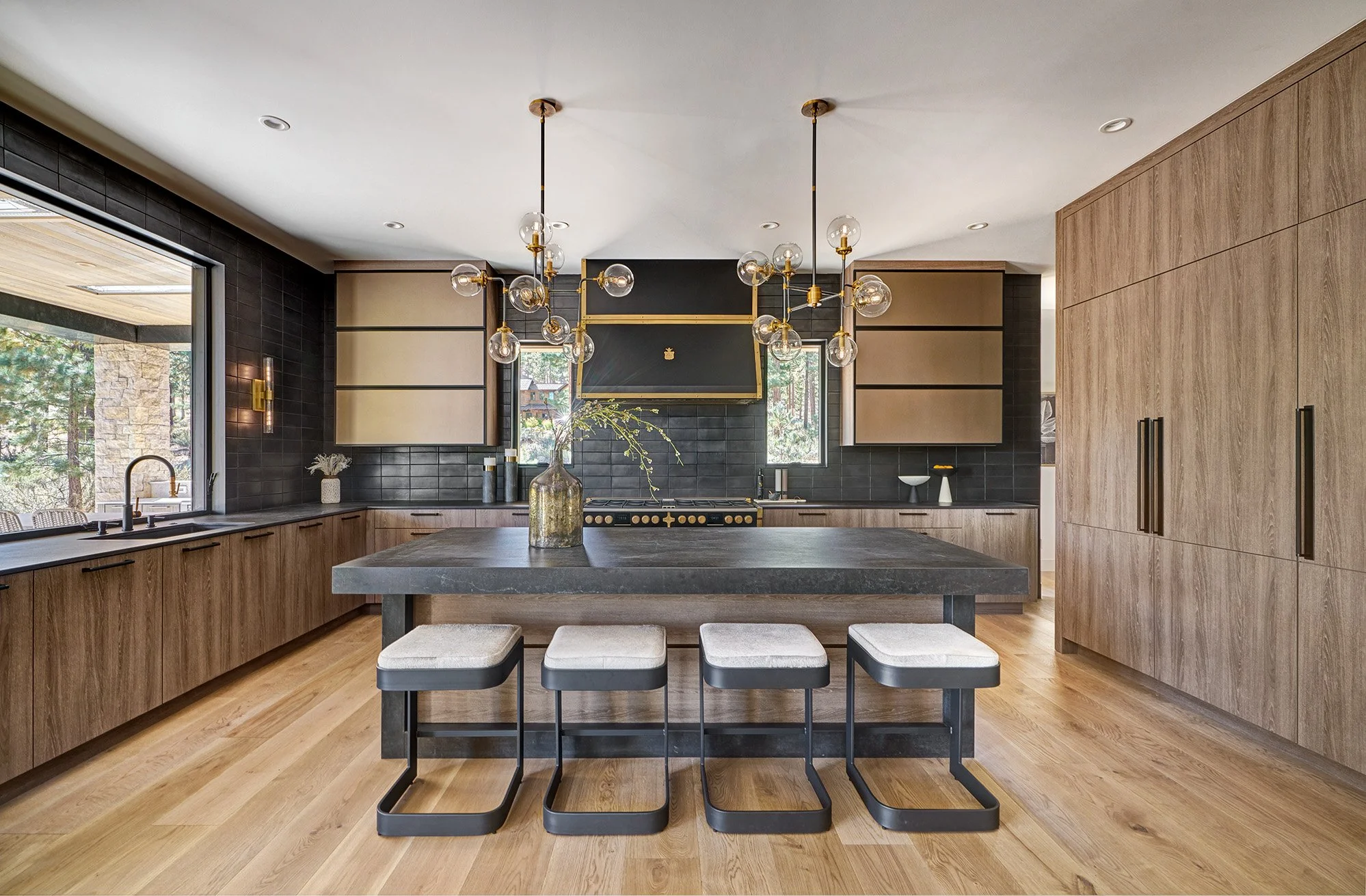 Modern new construction kitchen, European cabinetry, glass front cabinets