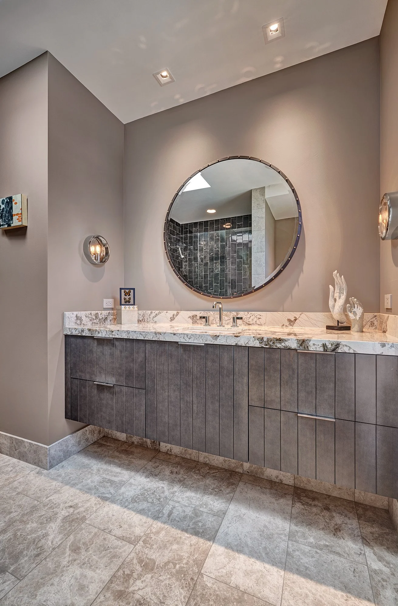 Warm contemporary new construction home, kerf cut cabinet vanity