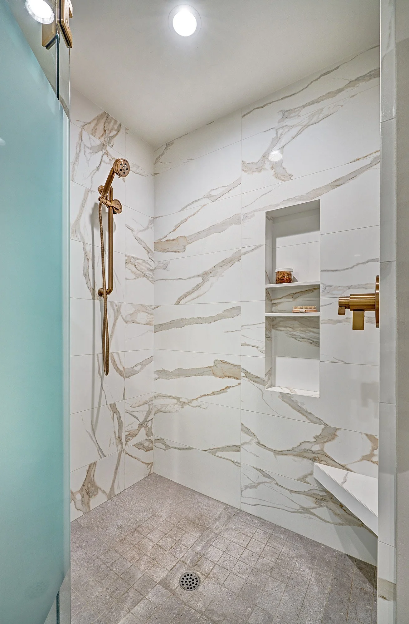 Whole home remodel, modern farmhouse, farmhouse industrial primary bathroom, large frameless glass shower