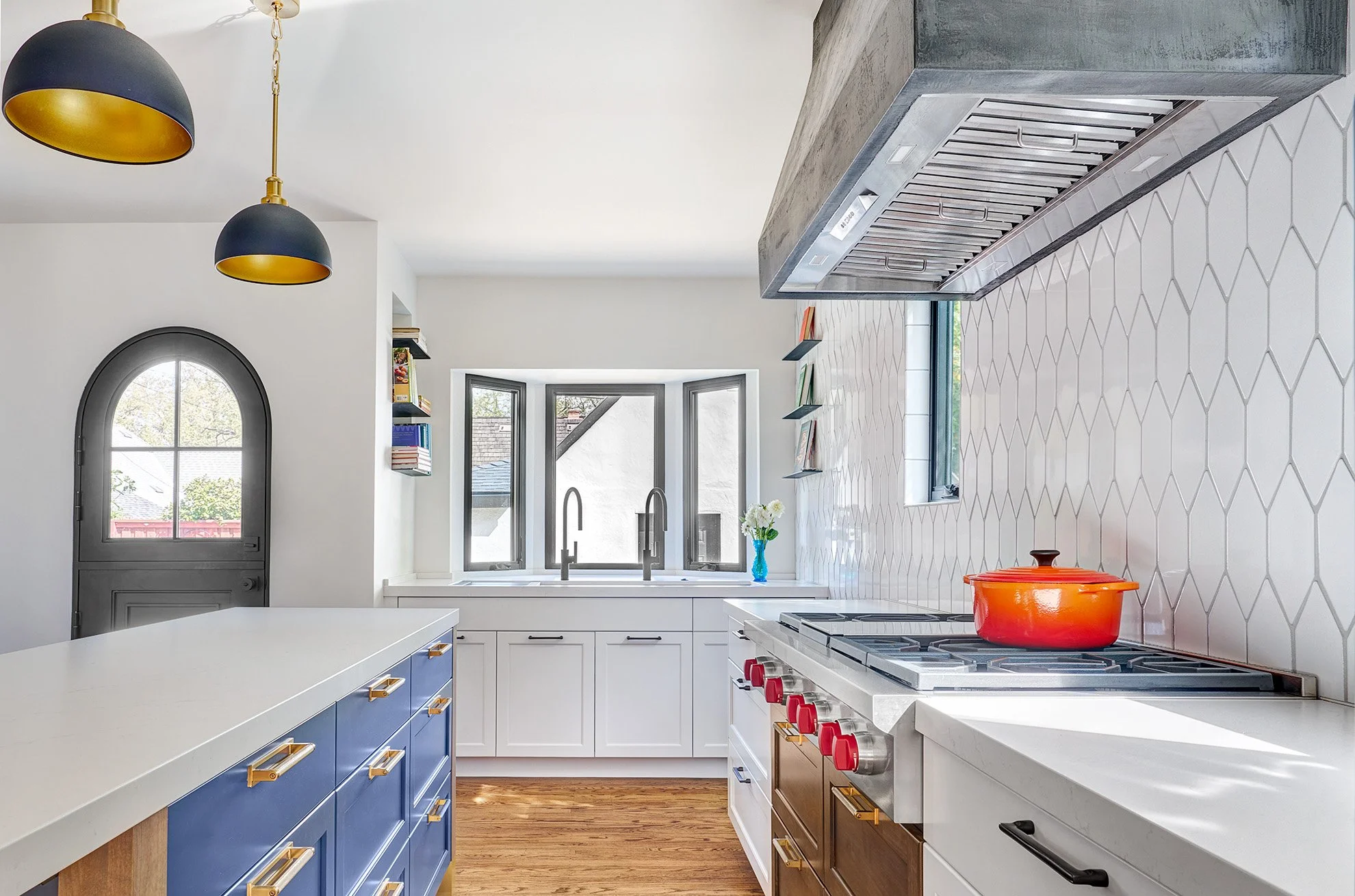1930s kitchen remodel, white, blue + wood cabinetry, Wolf rangetop, plaster hood