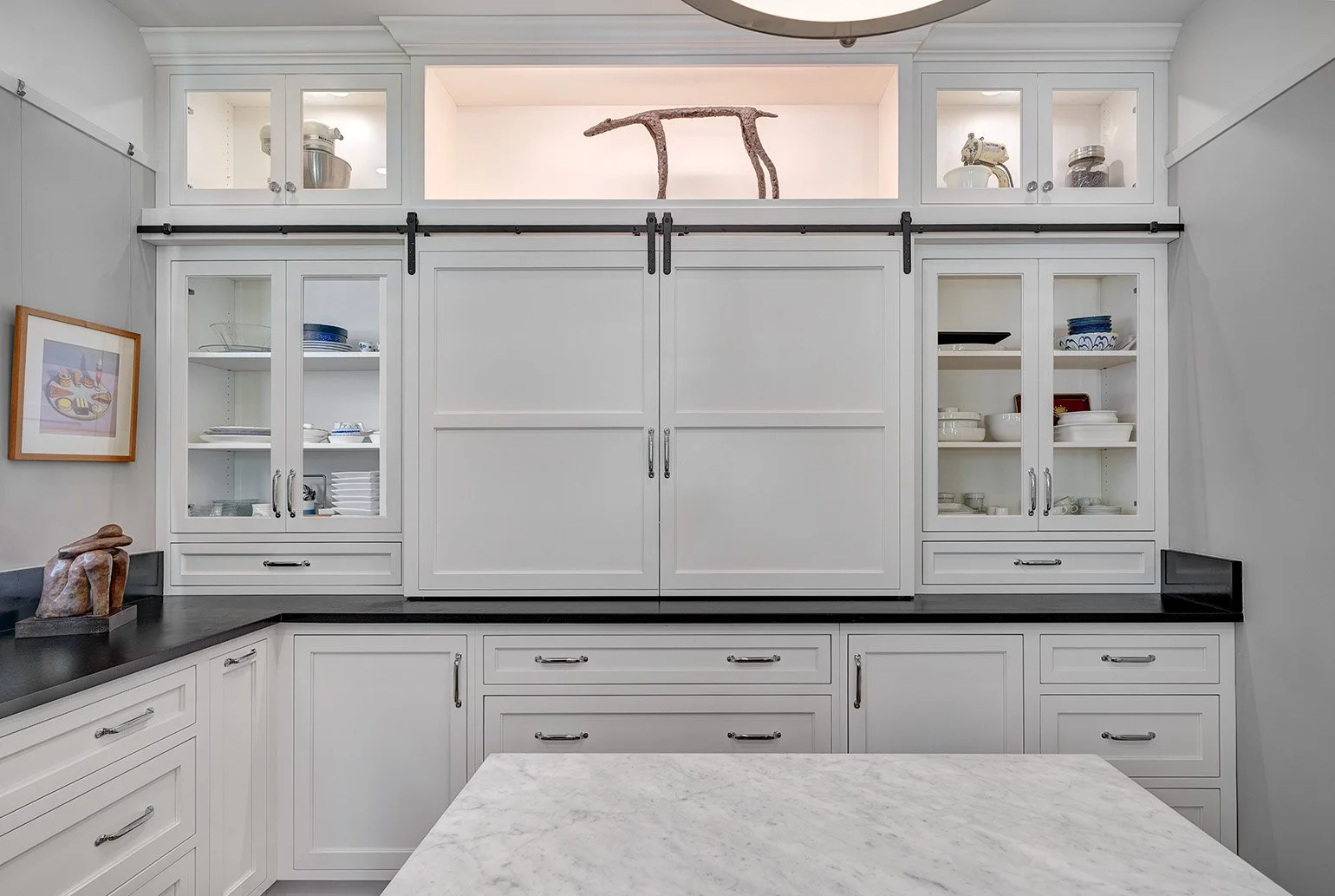 Transitional, classic kitchen remodel, wood floor pattern, white + grey cabinetry, island