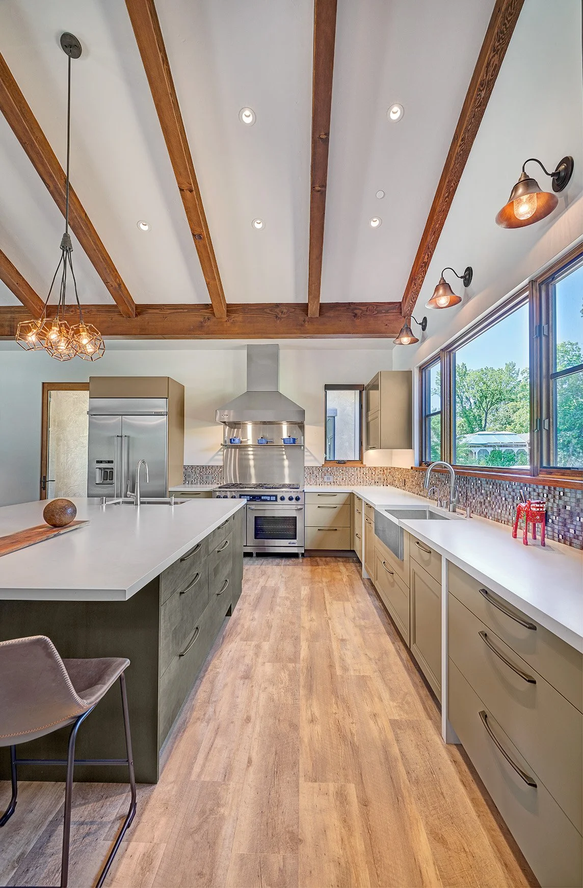 Vaulted ceiling kitchen remodel, beams, large seating island, cabinetry