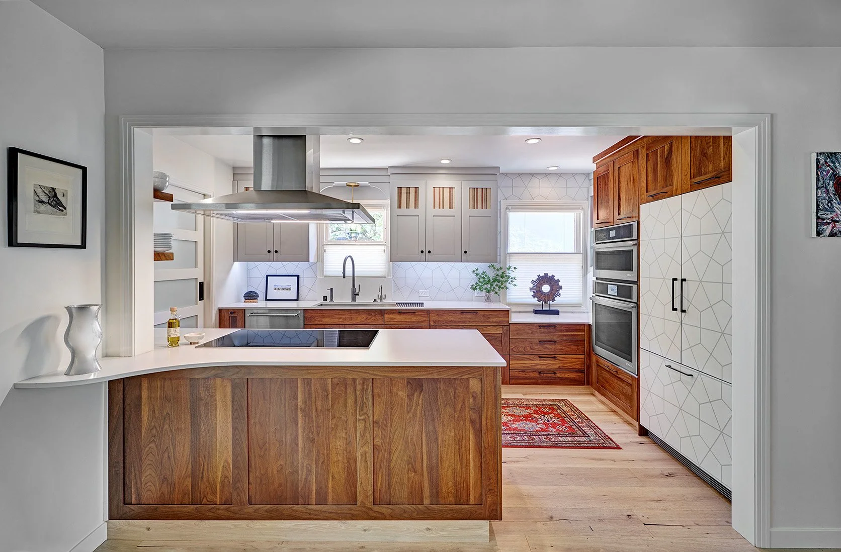 Bungalow kitchen remodel, walnut cabinetry, custom paneled refrigerator