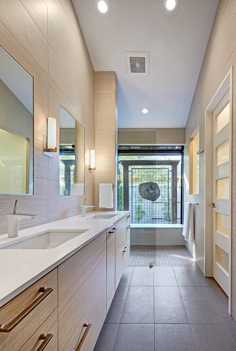 Primary bath remodel, European cabinet vanity, flush mirrors, tile splash, frameless glass shower
