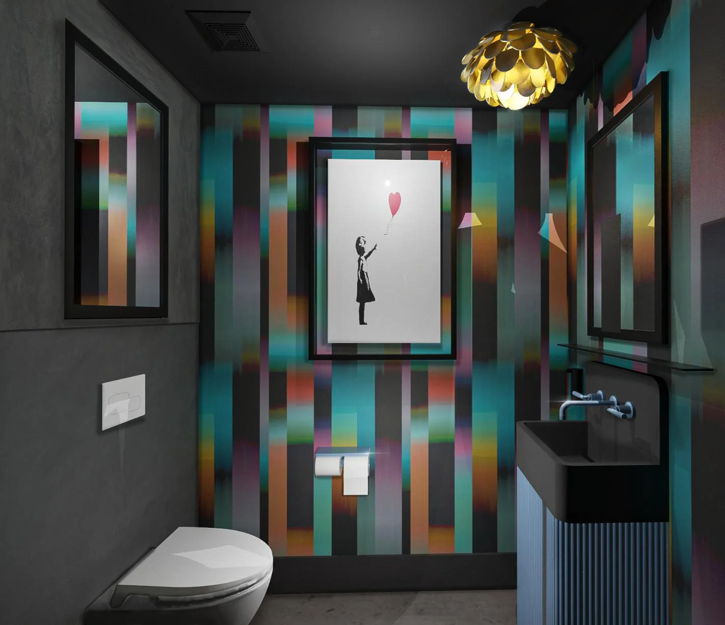 Moody powder bath, speakeasy bar, patterned wallpaper