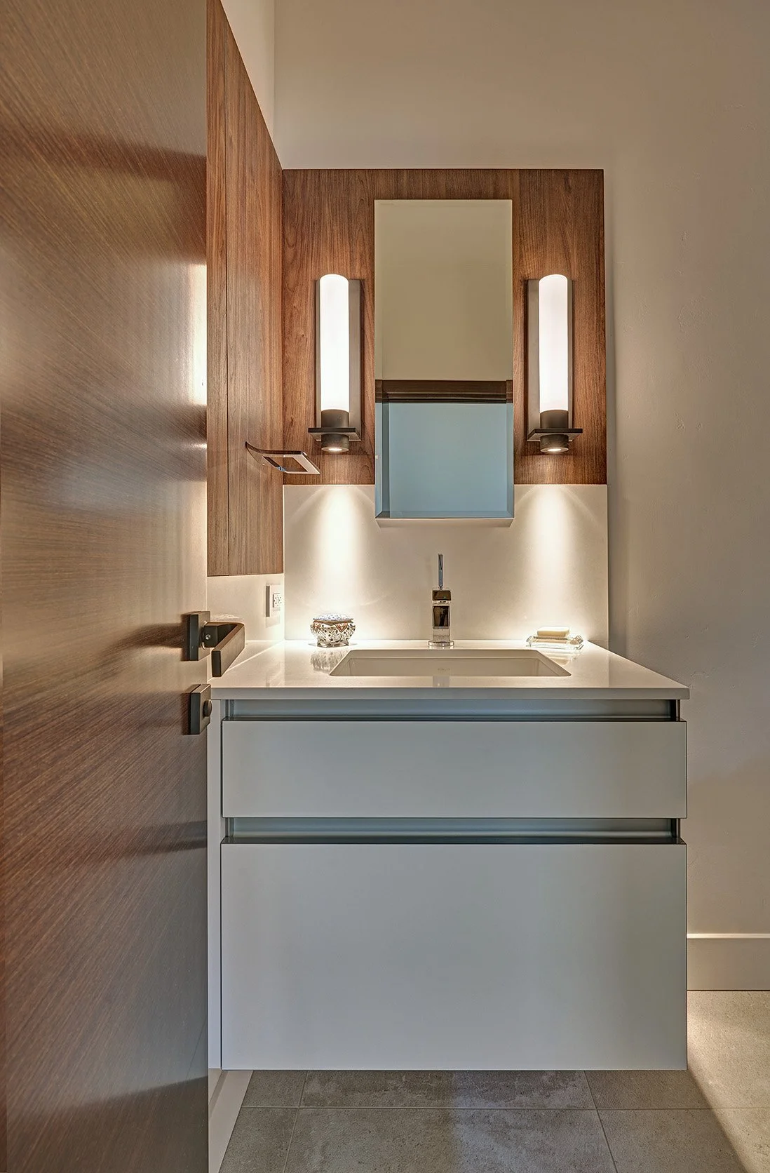 Modern whole home remodel, European channel cabinet vanity in bathroom