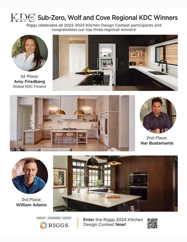 Poster celebrating top winners of the 2022-2023 Riggs Kitchen Design Contest, featuring images of three modern kitchen designs, their winners Amy Friedberg (1st place), Nar Bustamante (2nd place), and William Adams (3rd place), with portraits of each
