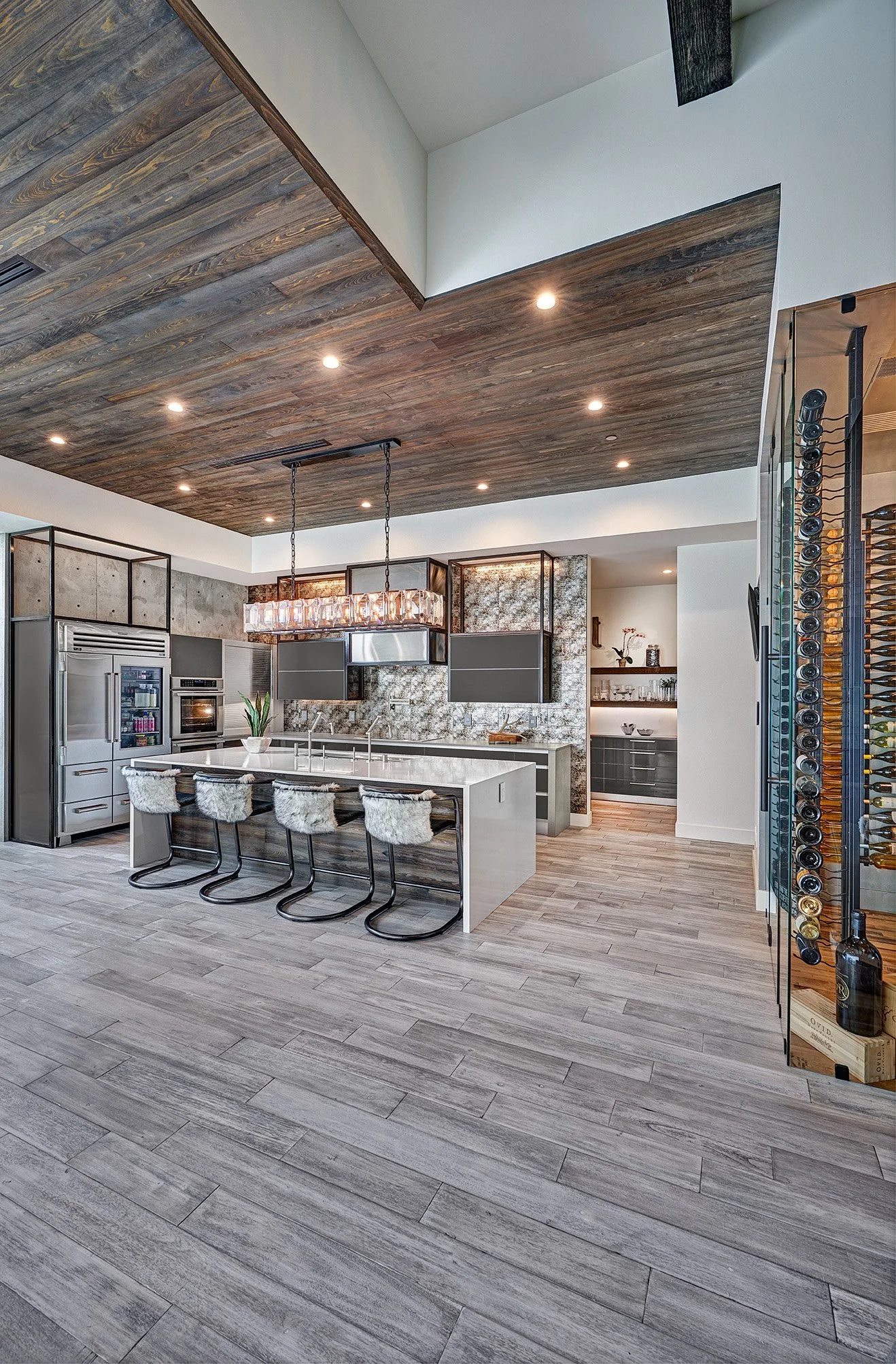 Luxury new construction home, glamorous kitchen, wine cellar, metal frame cabinets, professional appliances