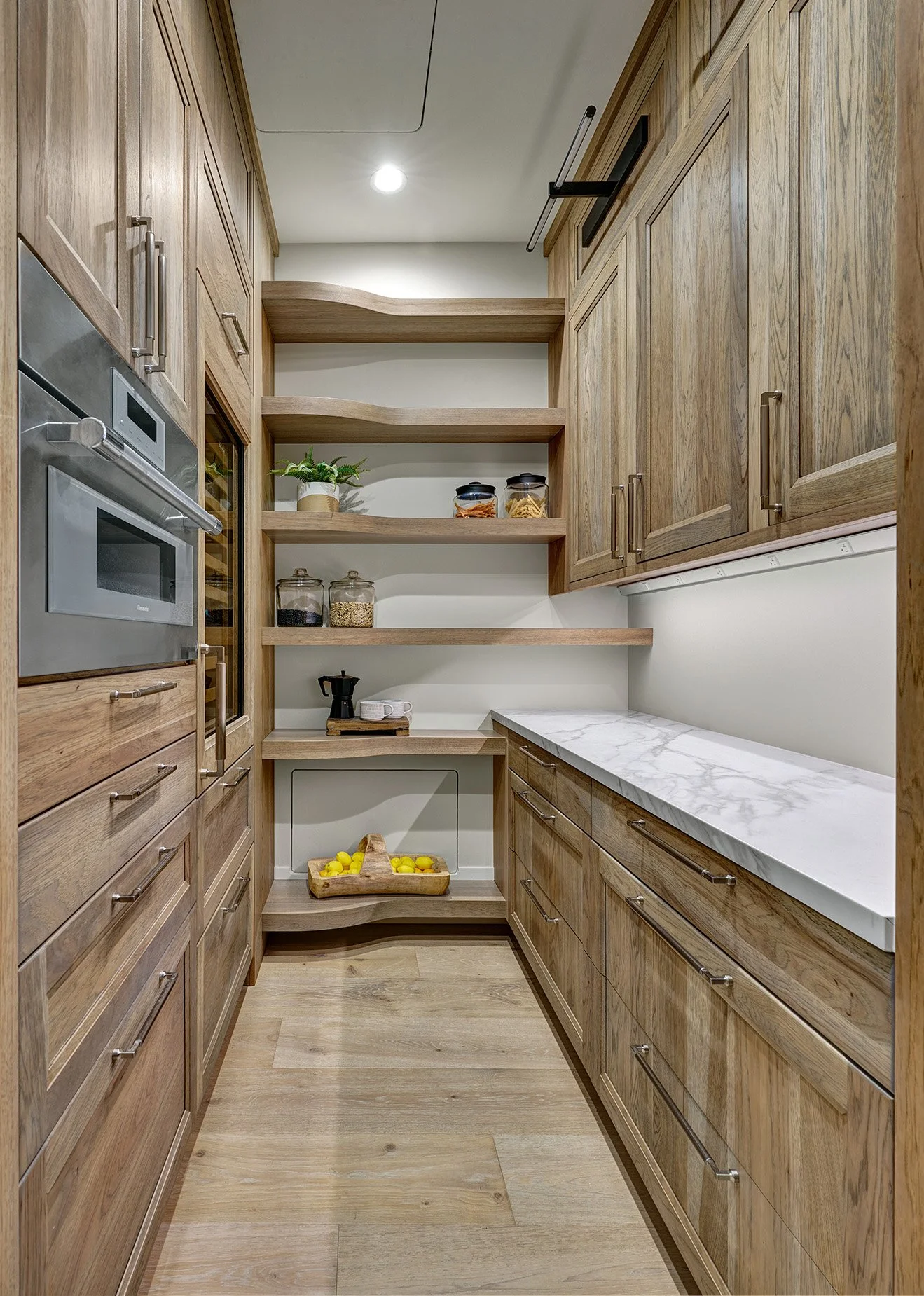 Butler/Pantry, hickory cabinetry, curved floating shelves