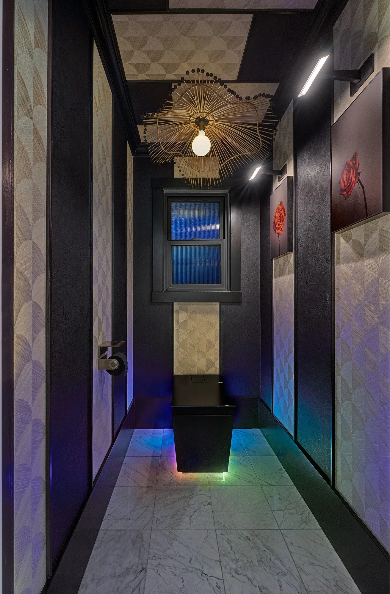 Toilet room, Kohler Numi 2.0 smart toilet, wallpaper, millwork, chandelier, art lights