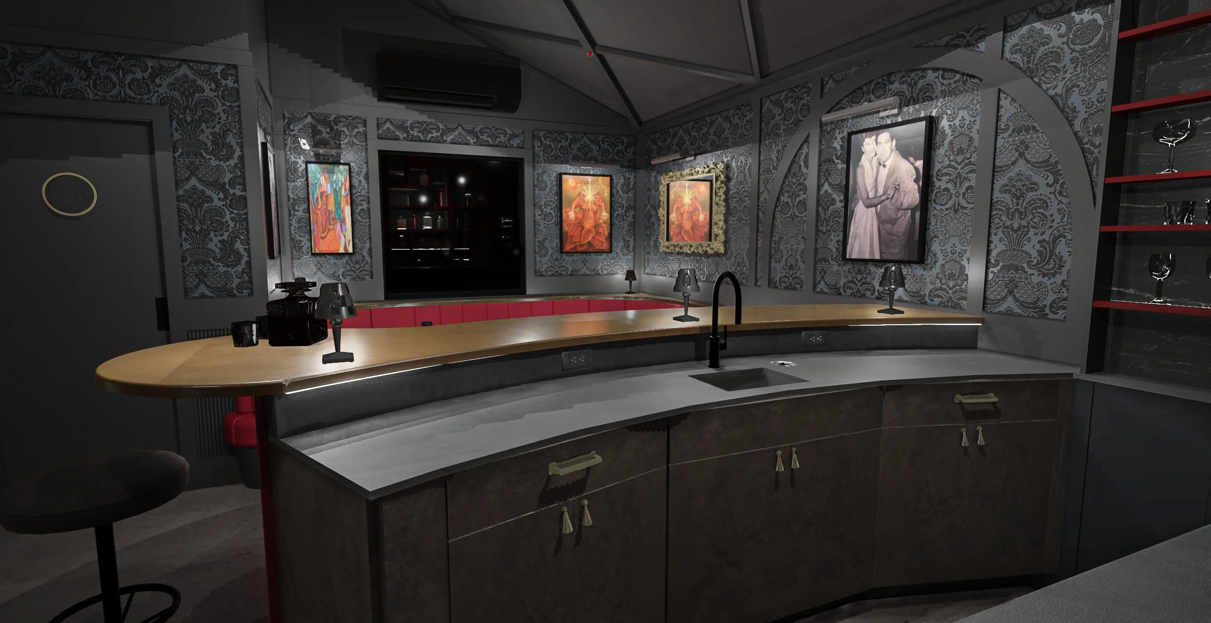 Moody dark and red Speakeasy bar, metal coated countertop, open cabinetry shelving, banquette