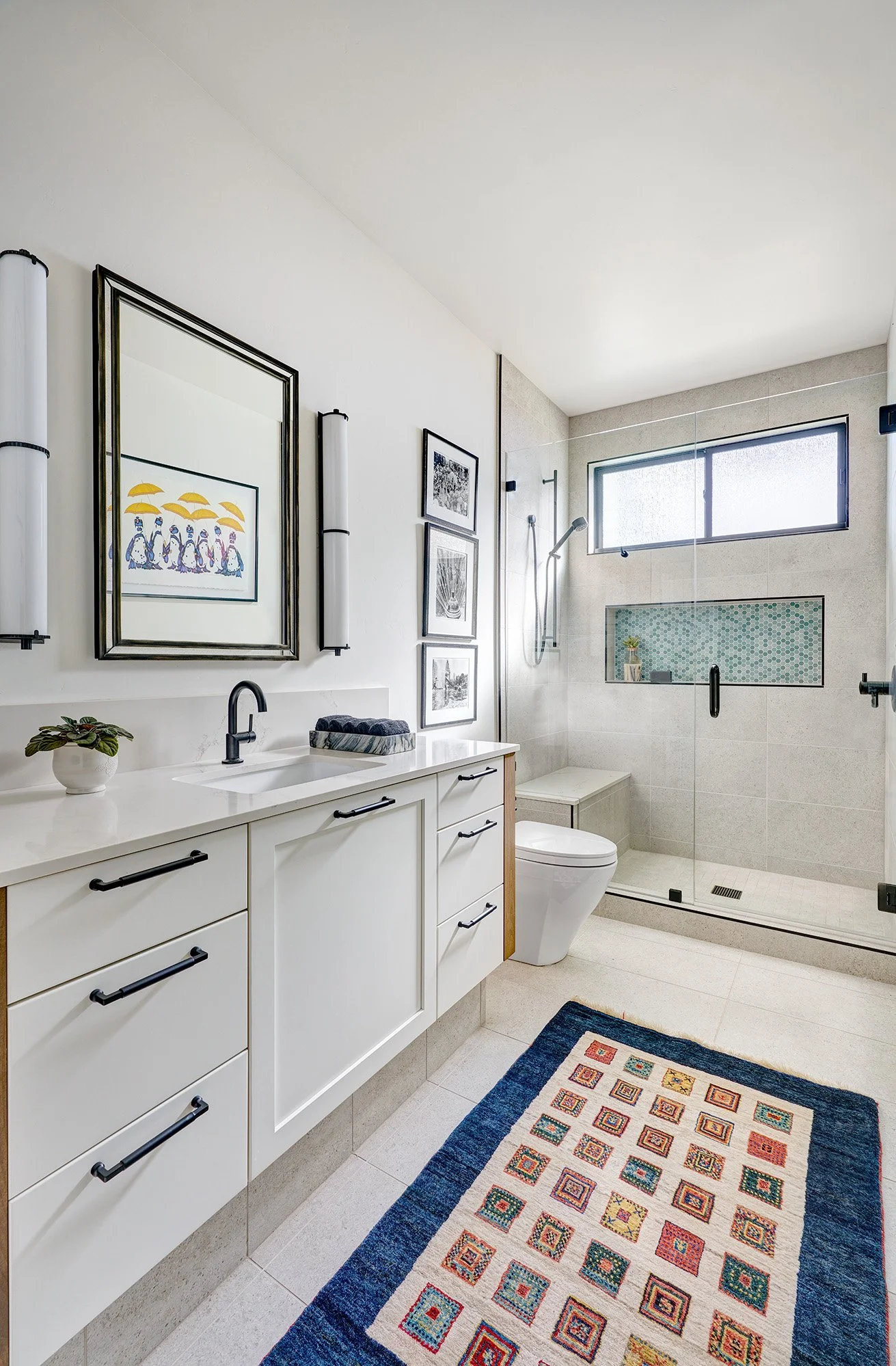 New construction ADU home, white + wood guest bath, frameless glass shower