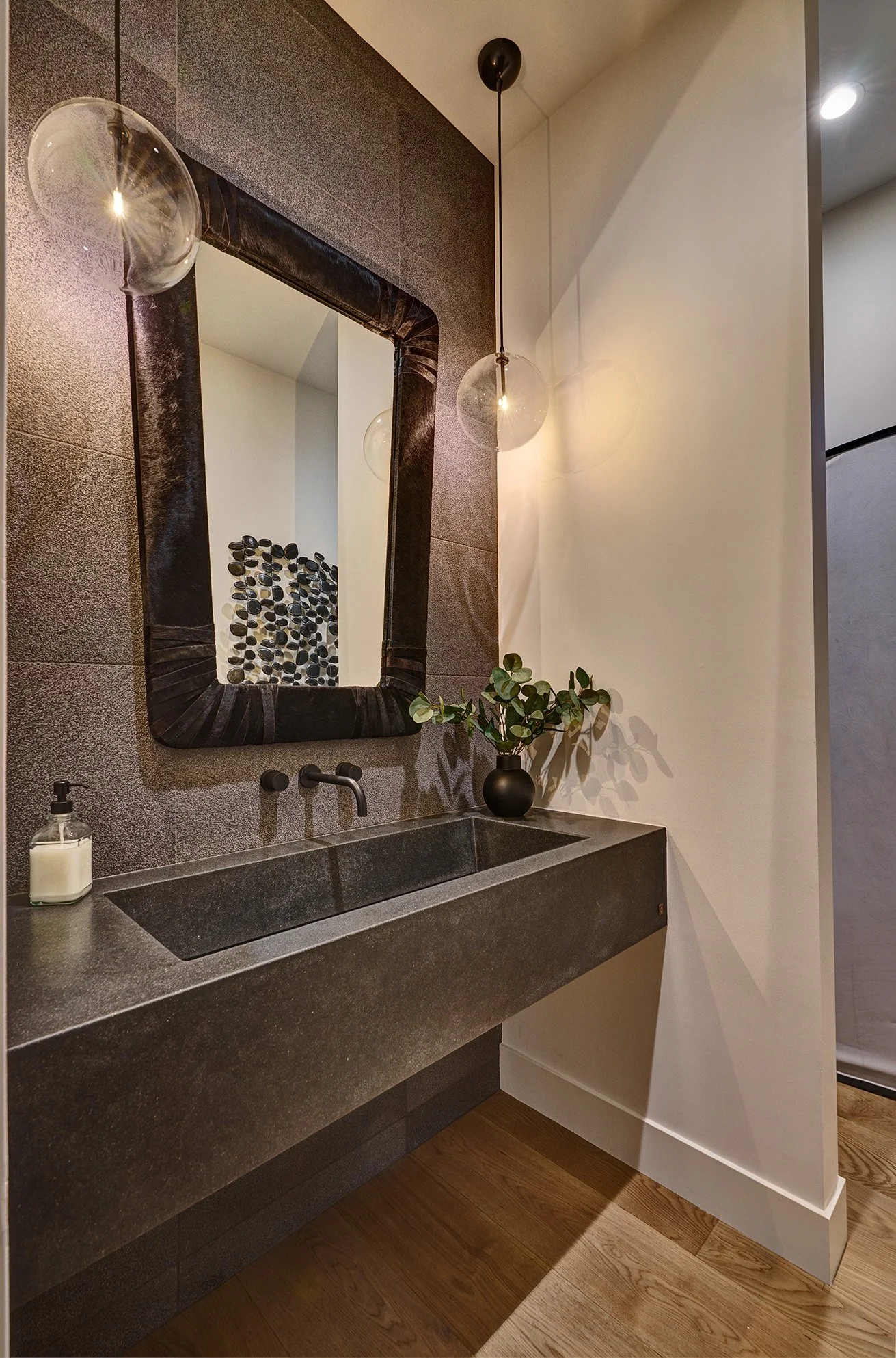 Modern new construction home, moody powder bathroom