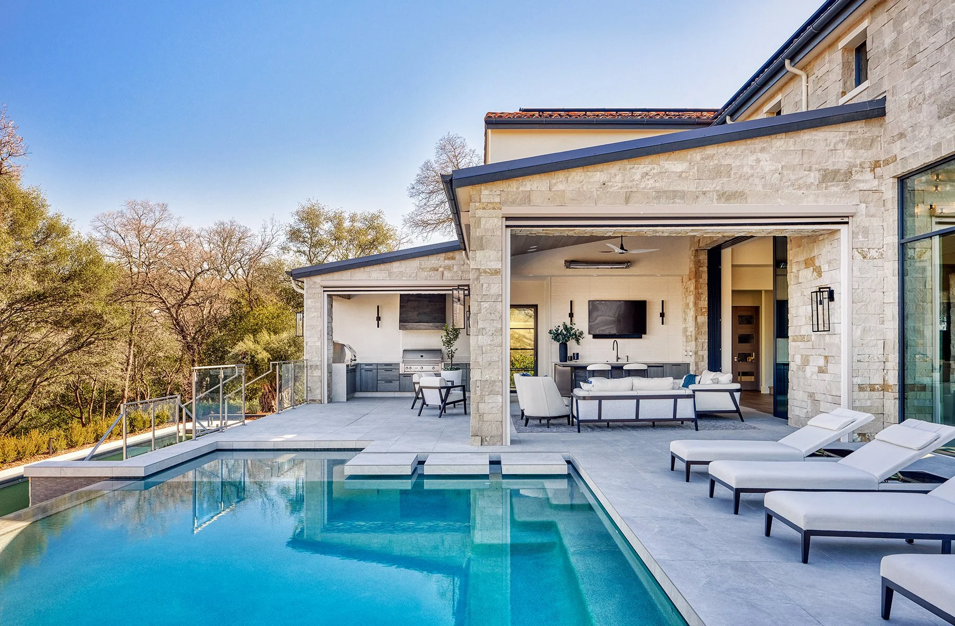 Modern new construction home, outdoor kitchen, pool