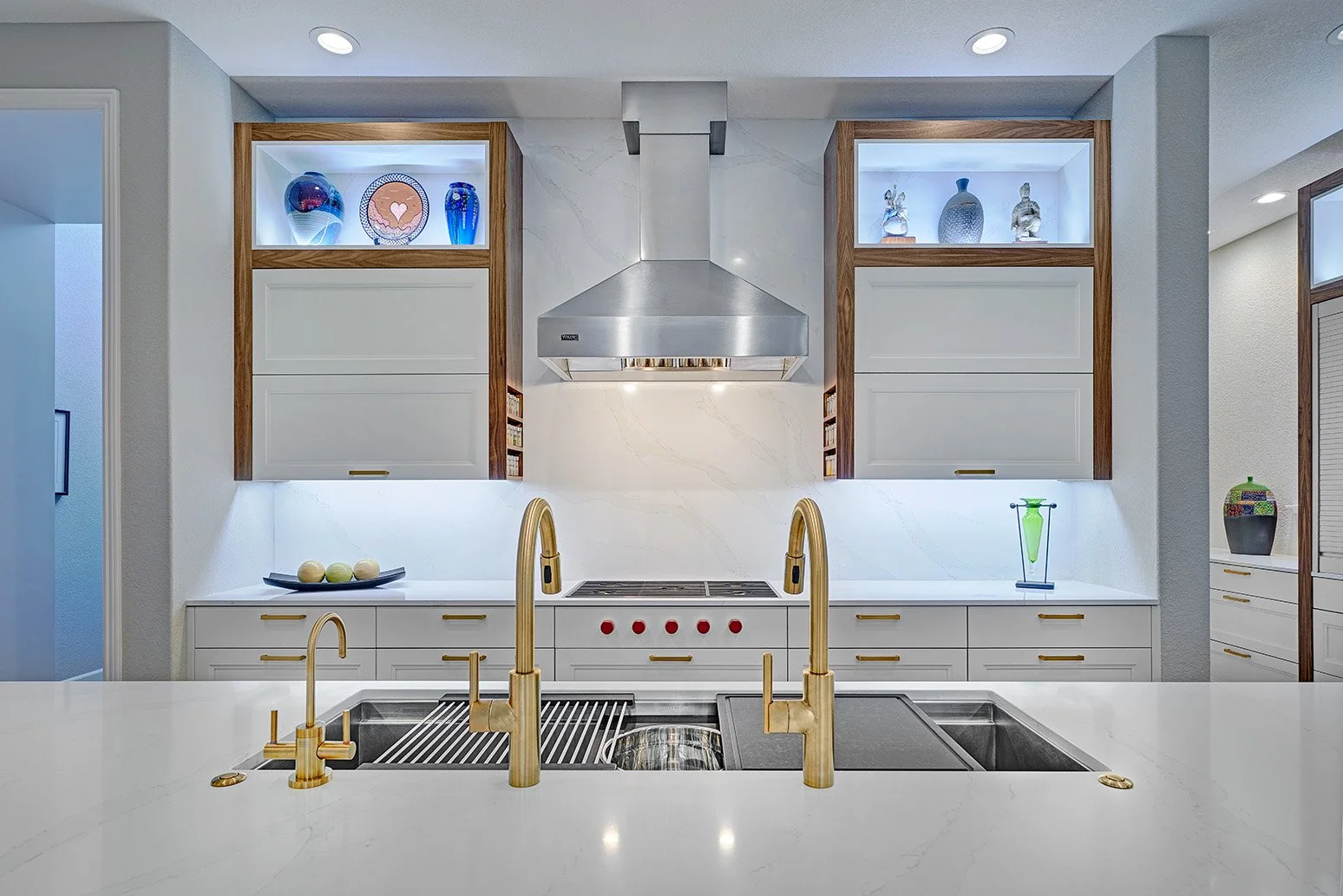 Modern kitchen remodel, white + walnut cabinetry, large seating island, workstation sink