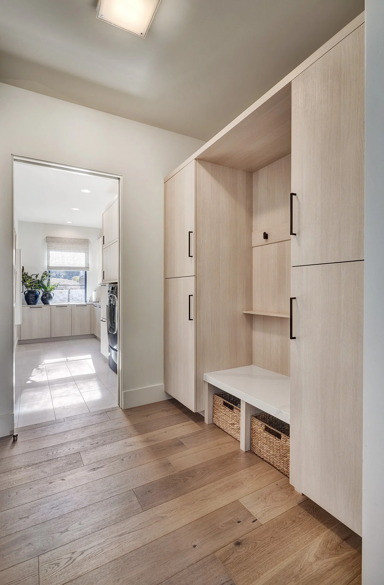 Modern new construction home, mudroom, European cabinetry