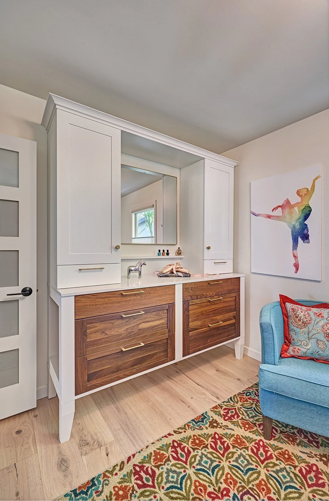 Bungalow home remodel, bedroom cabinetry dresser, walnut